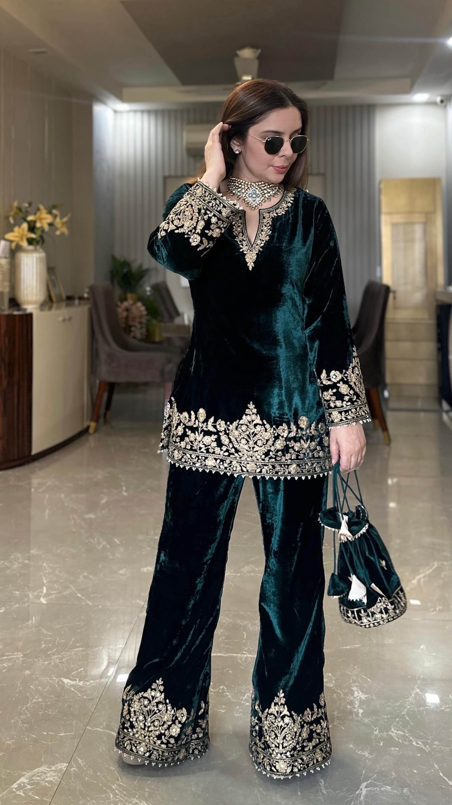 Kylee Women's Kashmiri Coord Set – Green Velvet (XS-7XL)