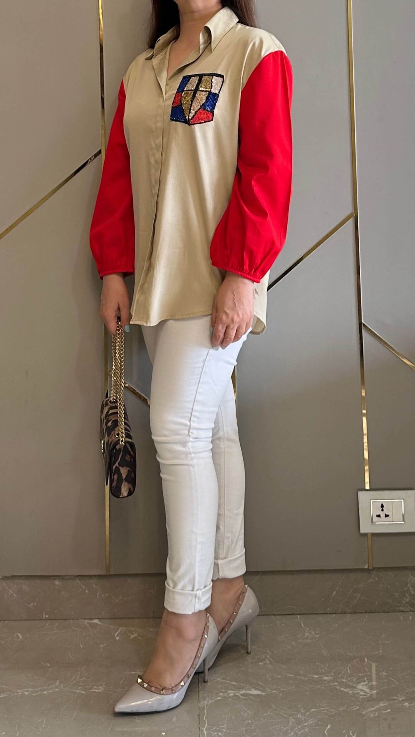 Happy Red Sleeves Hand Embroidered Shirt