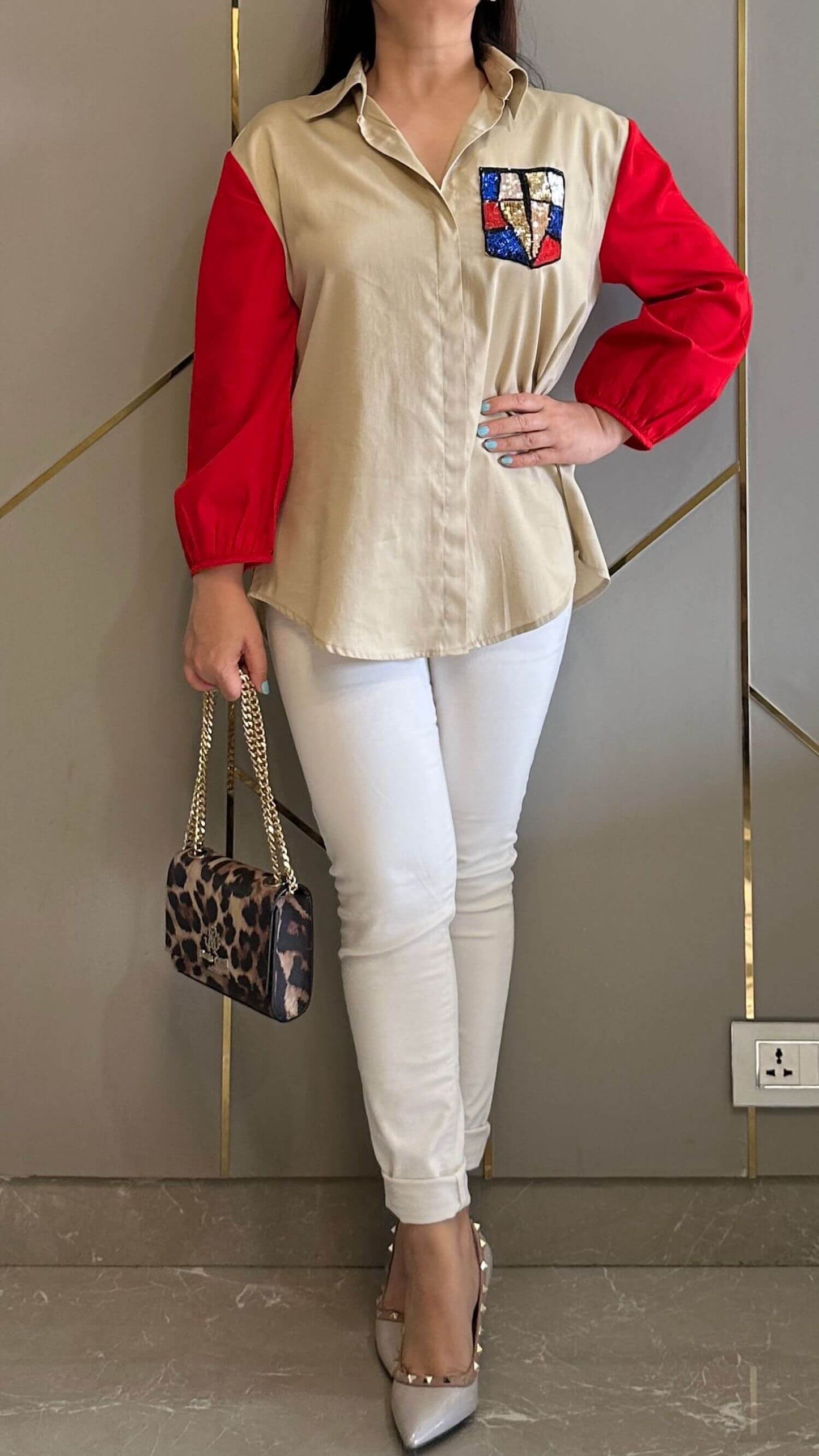 Happy Red Sleeves Hand Embroidered Shirt