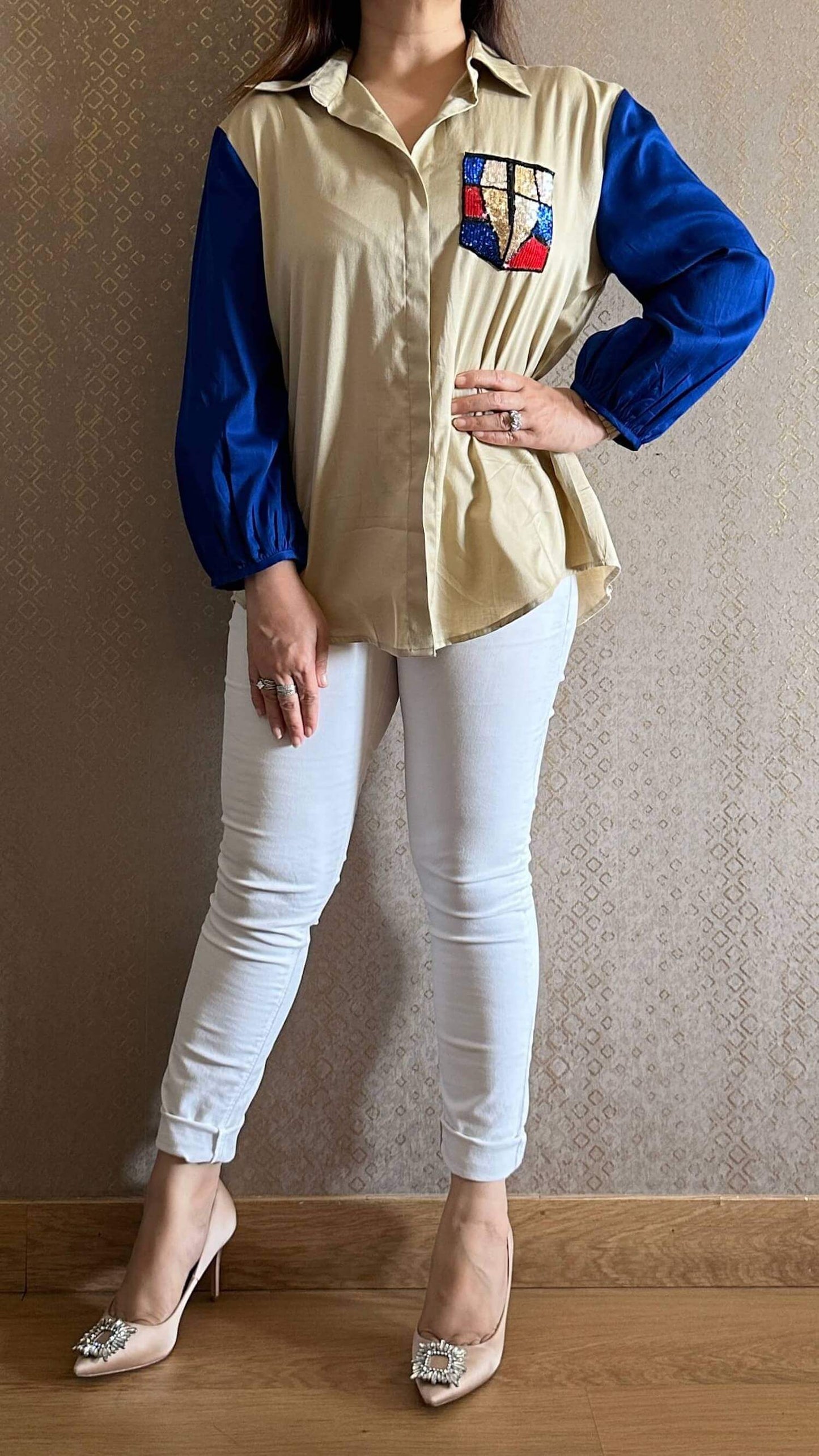 Happy Blue Sleeves Hand Embroidered Shirt