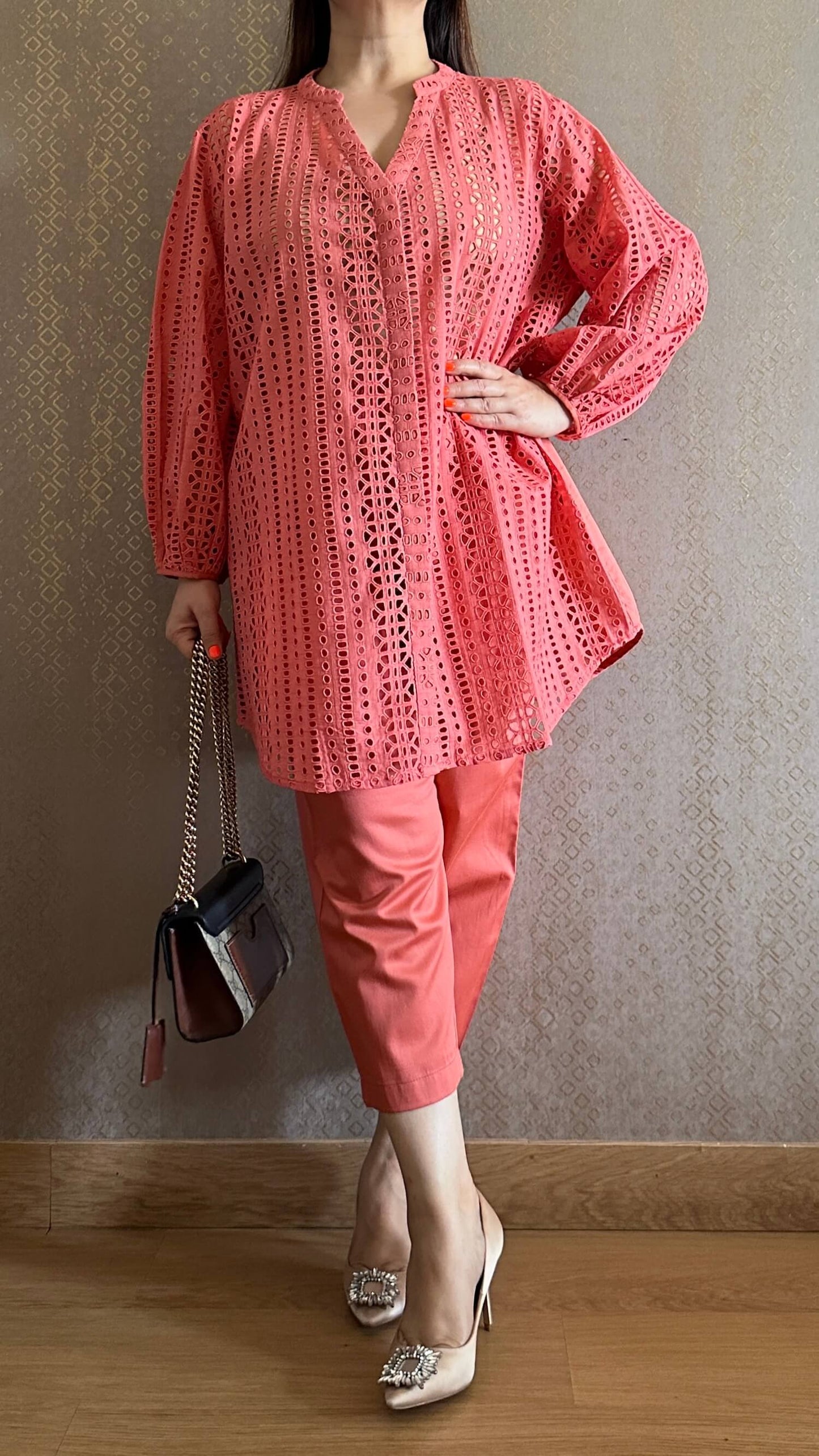 Salmon Cotton Cutwork Co-ord Set