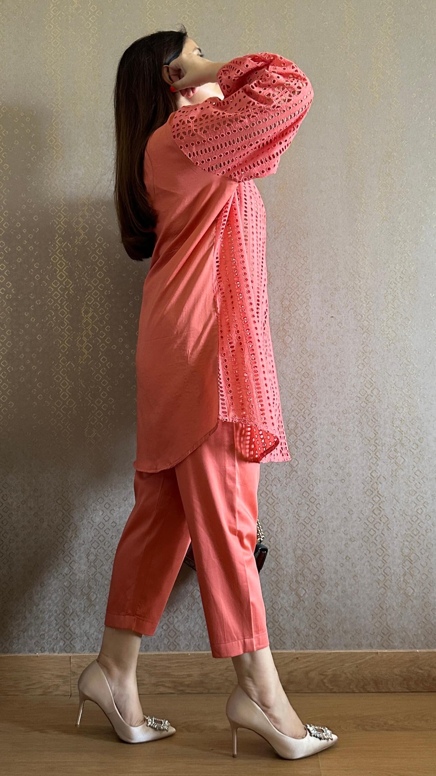 Salmon Cotton Cutwork Co-ord Set