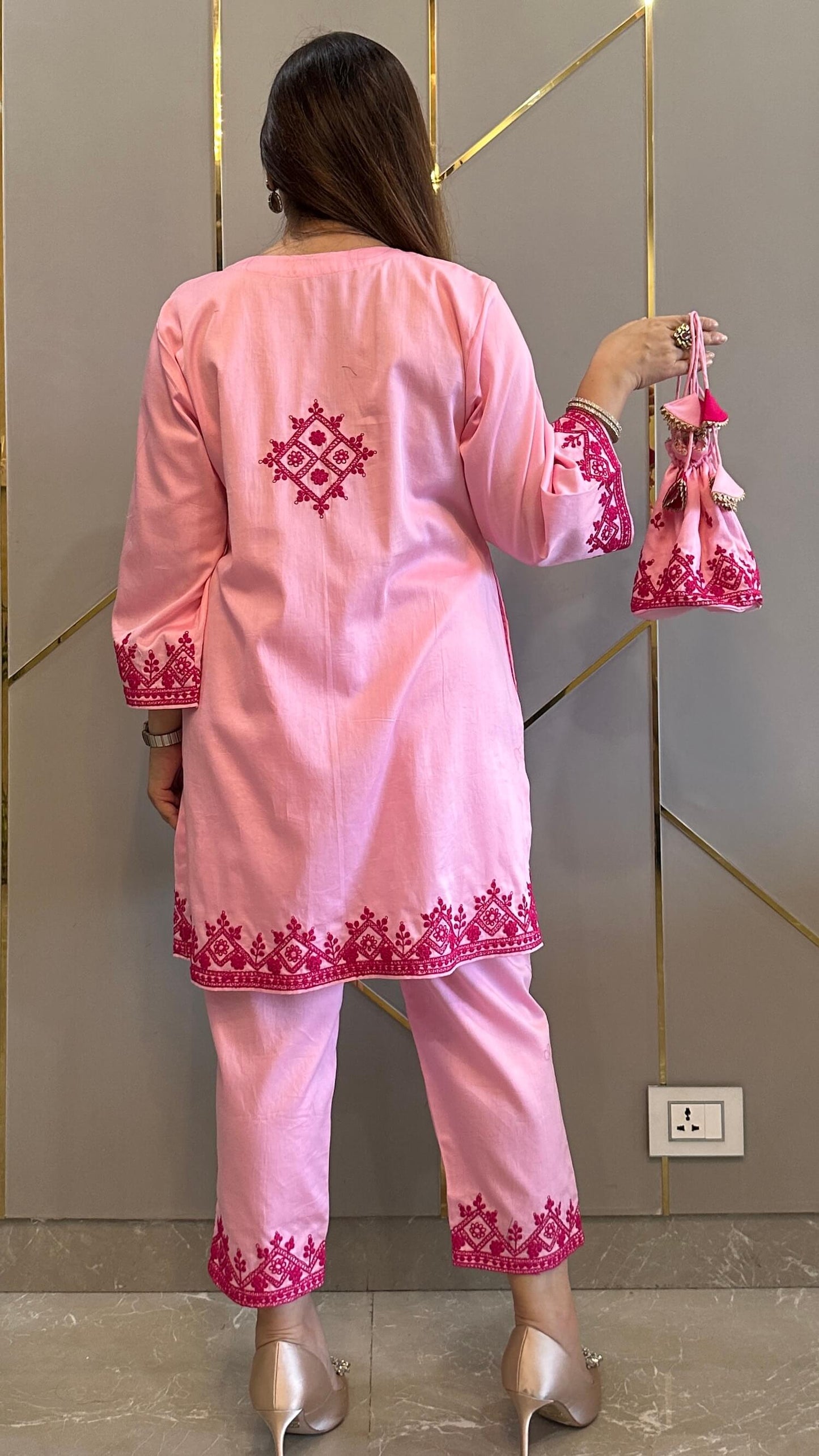 Barbie Pink Kashmiri Phiran Coord with Pants and Matching Potli