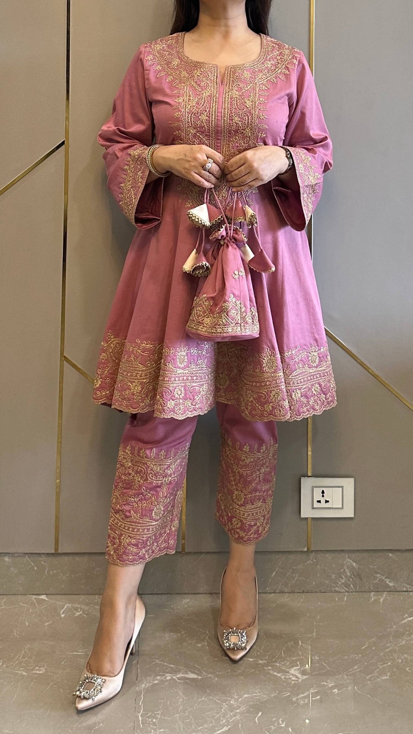 Pink Embroidered Anarkali with Pants and Matching Potli