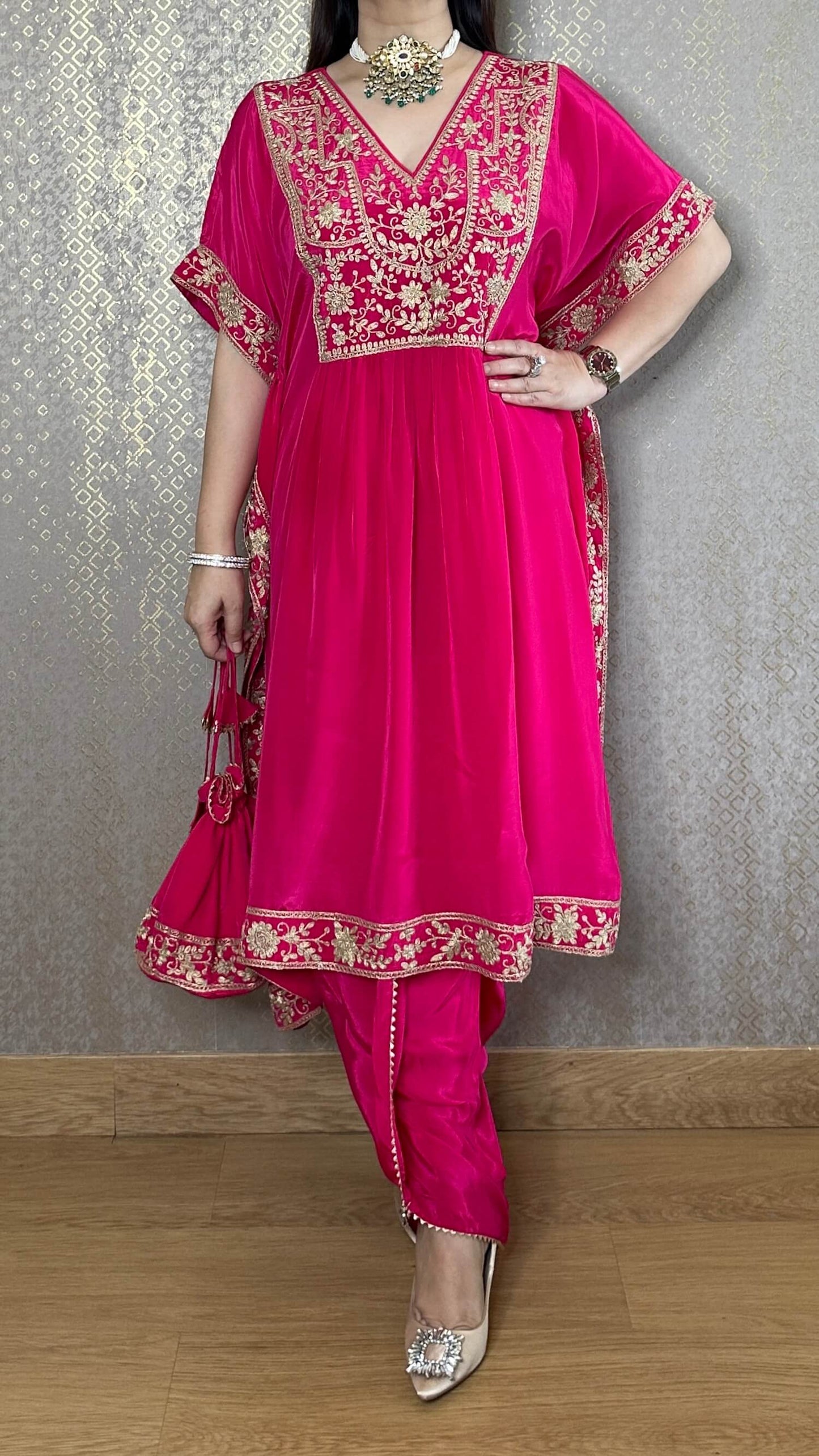 Hot Pink Kaftan Co-ord with Matching Salwar and Potli