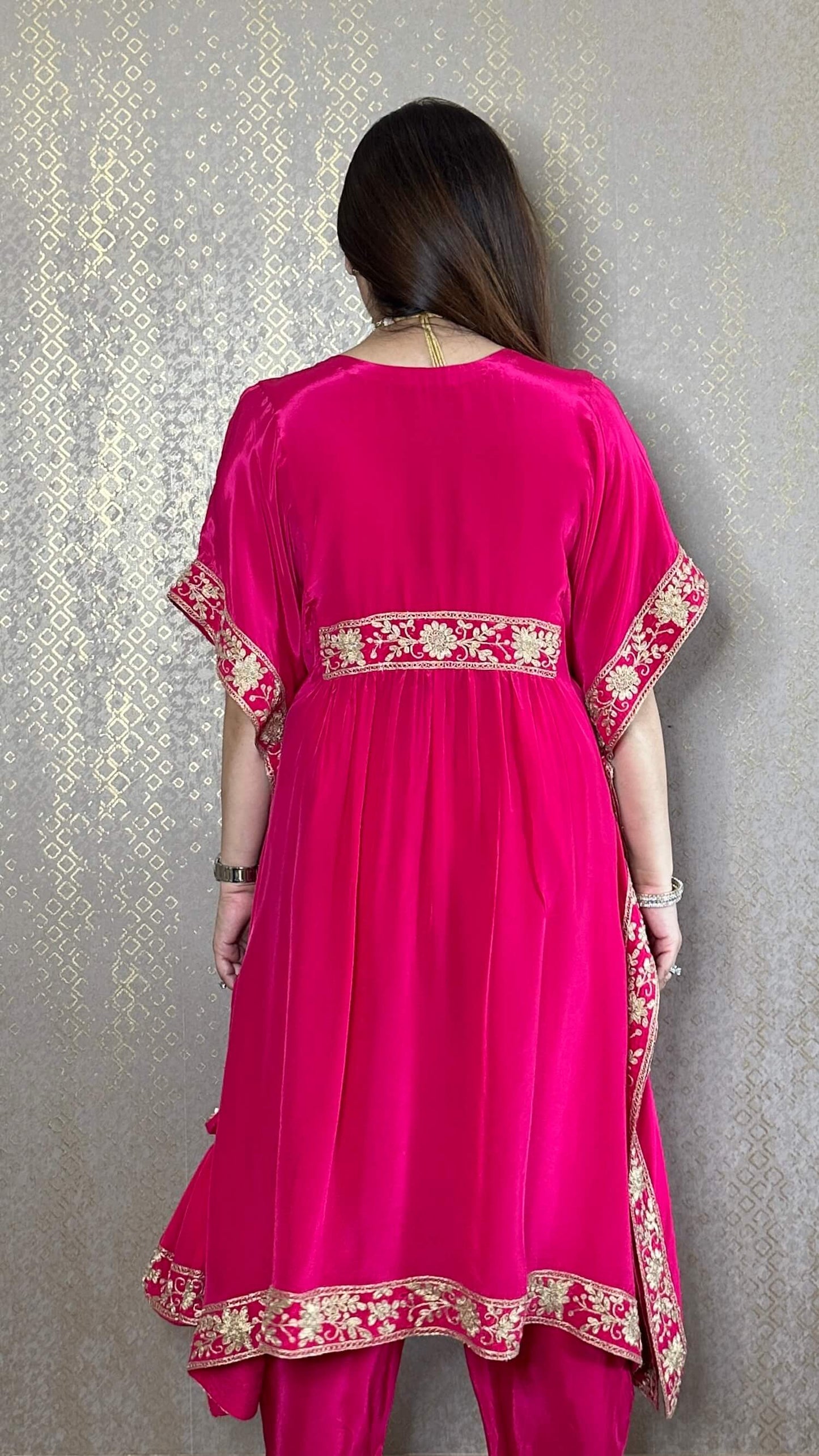 Hot Pink Kaftan Co-ord with Matching Salwar and Potli