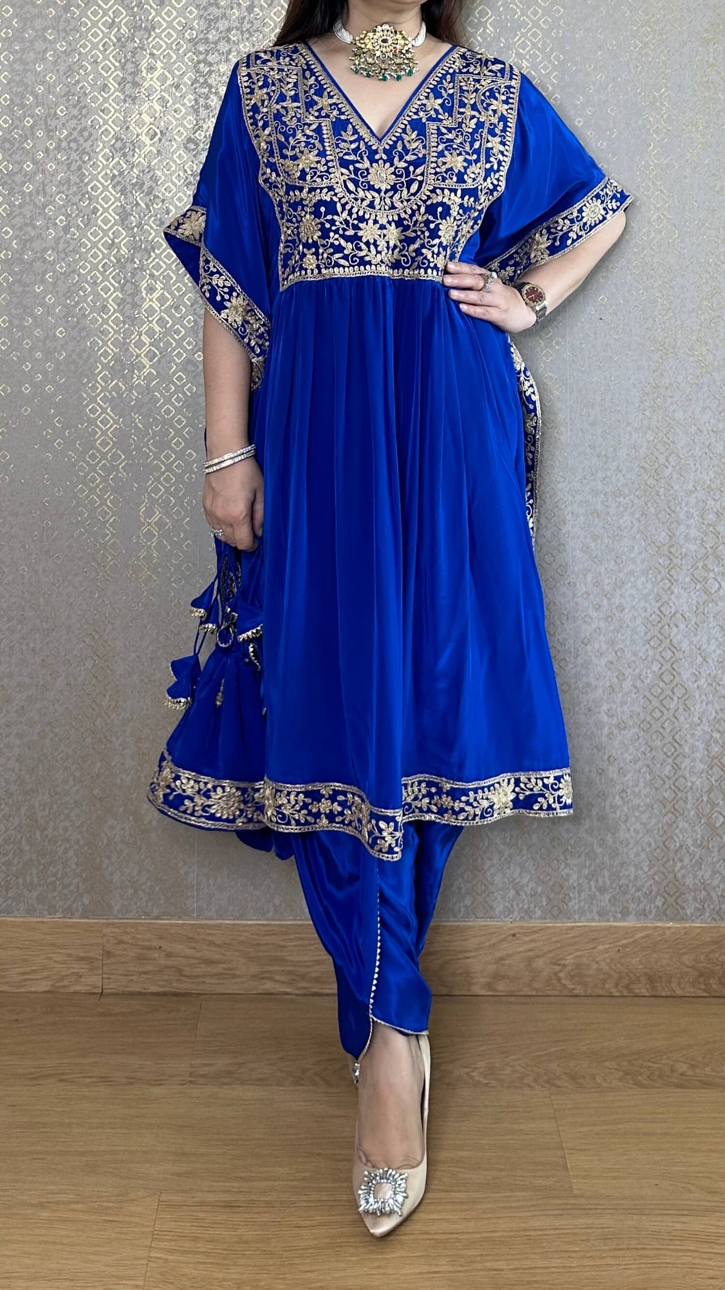 Royal Blue Kaftan Co-ord with Matching Salwar and Potli
