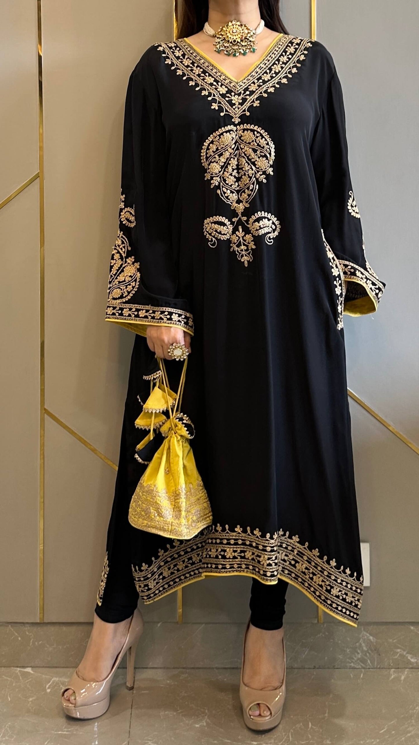 Black Crepe Kashmiri-Phiran Kurta with Churidar and Matching Potli