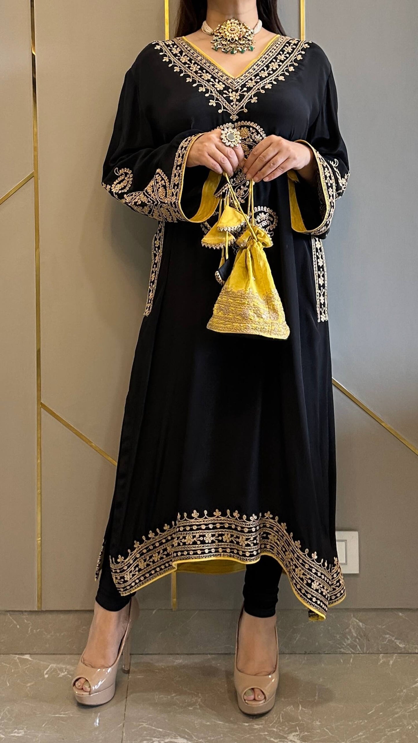 Black Crepe Kashmiri-Phiran Kurta with Churidar and Matching Potli