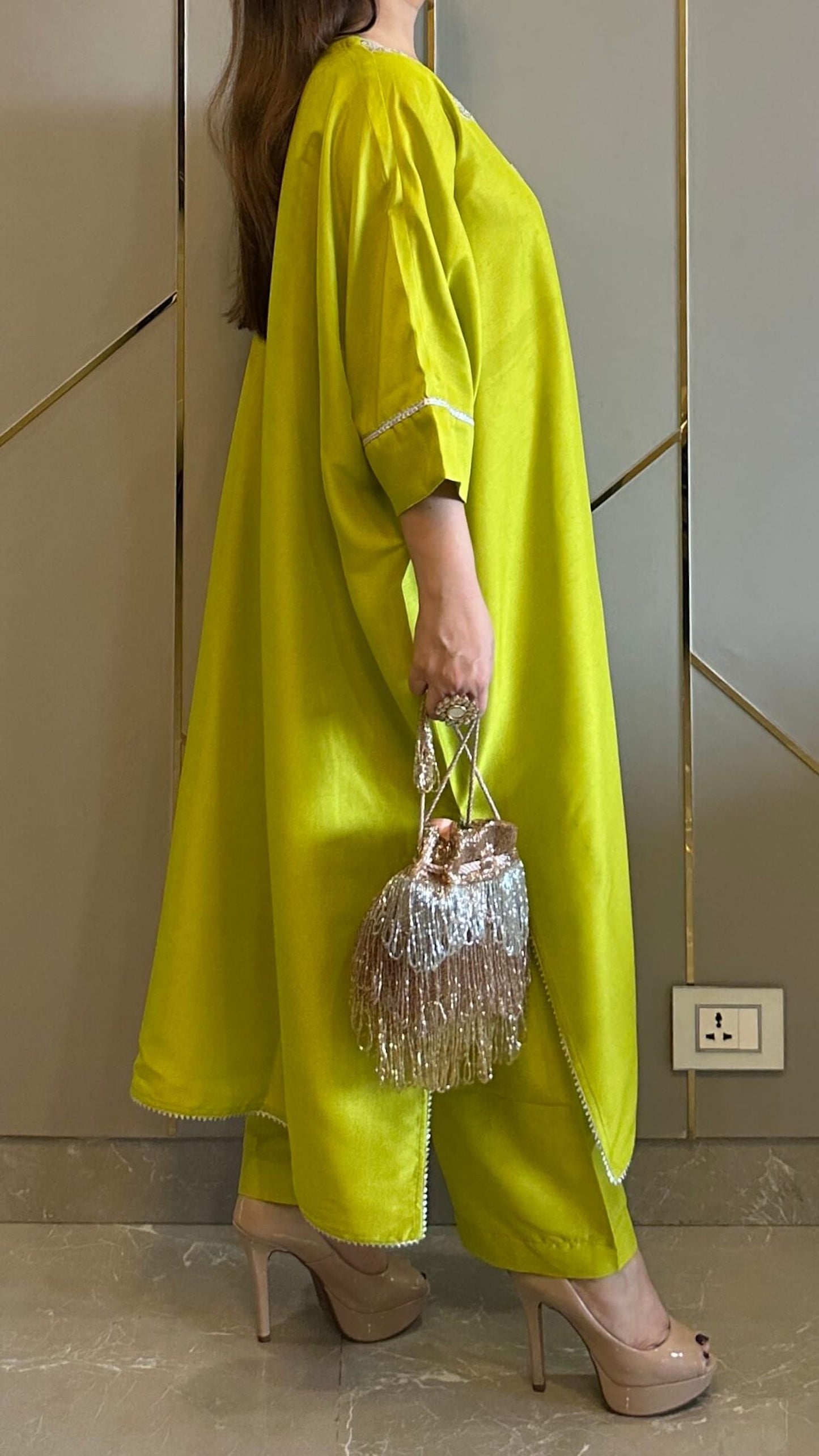 Lime Green Embroidered Kaftan Co-ord