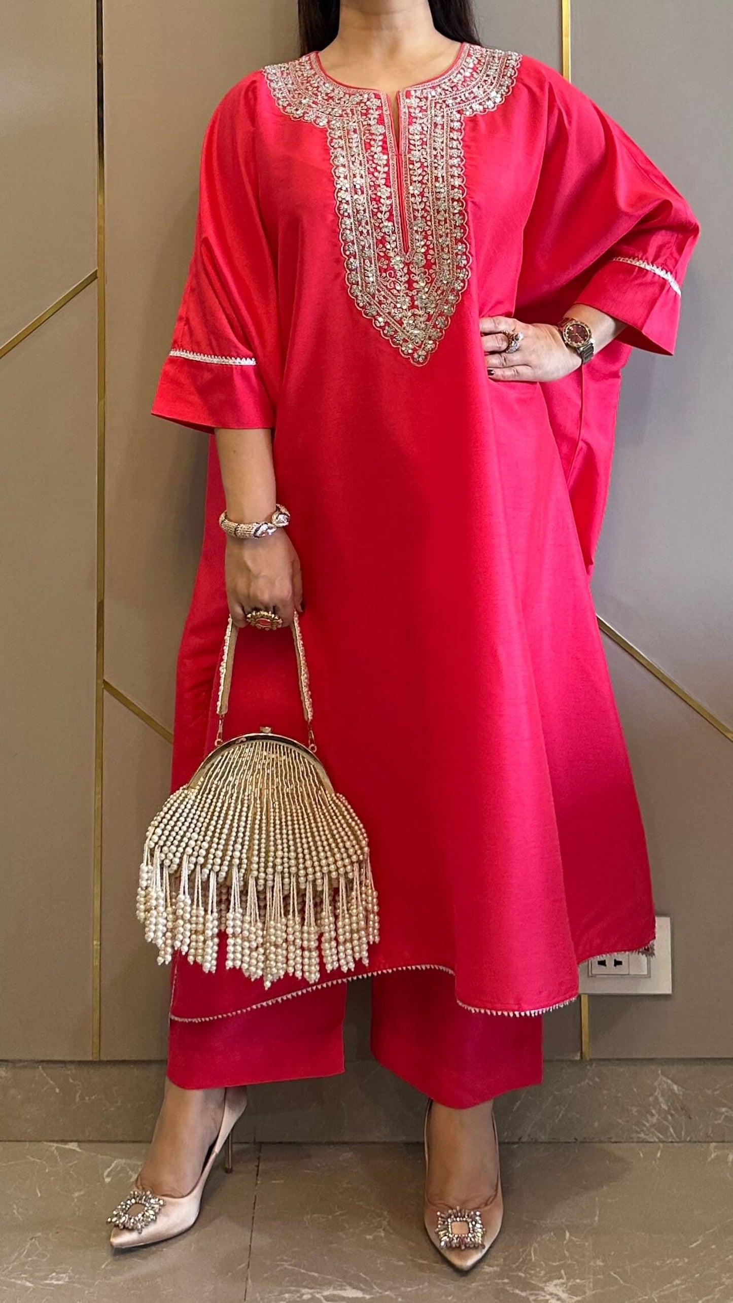 Crimson Embroidered Kaftan Co-ord