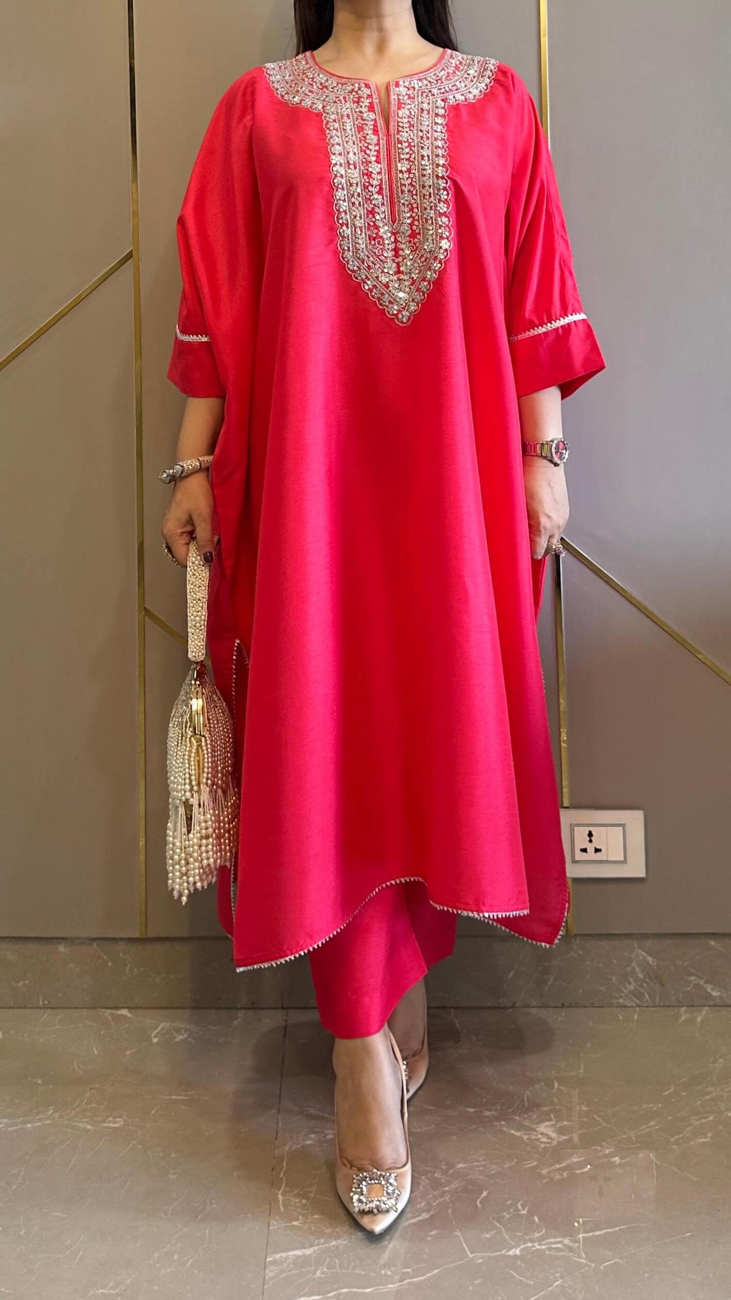 Crimson Embroidered Kaftan Co-ord