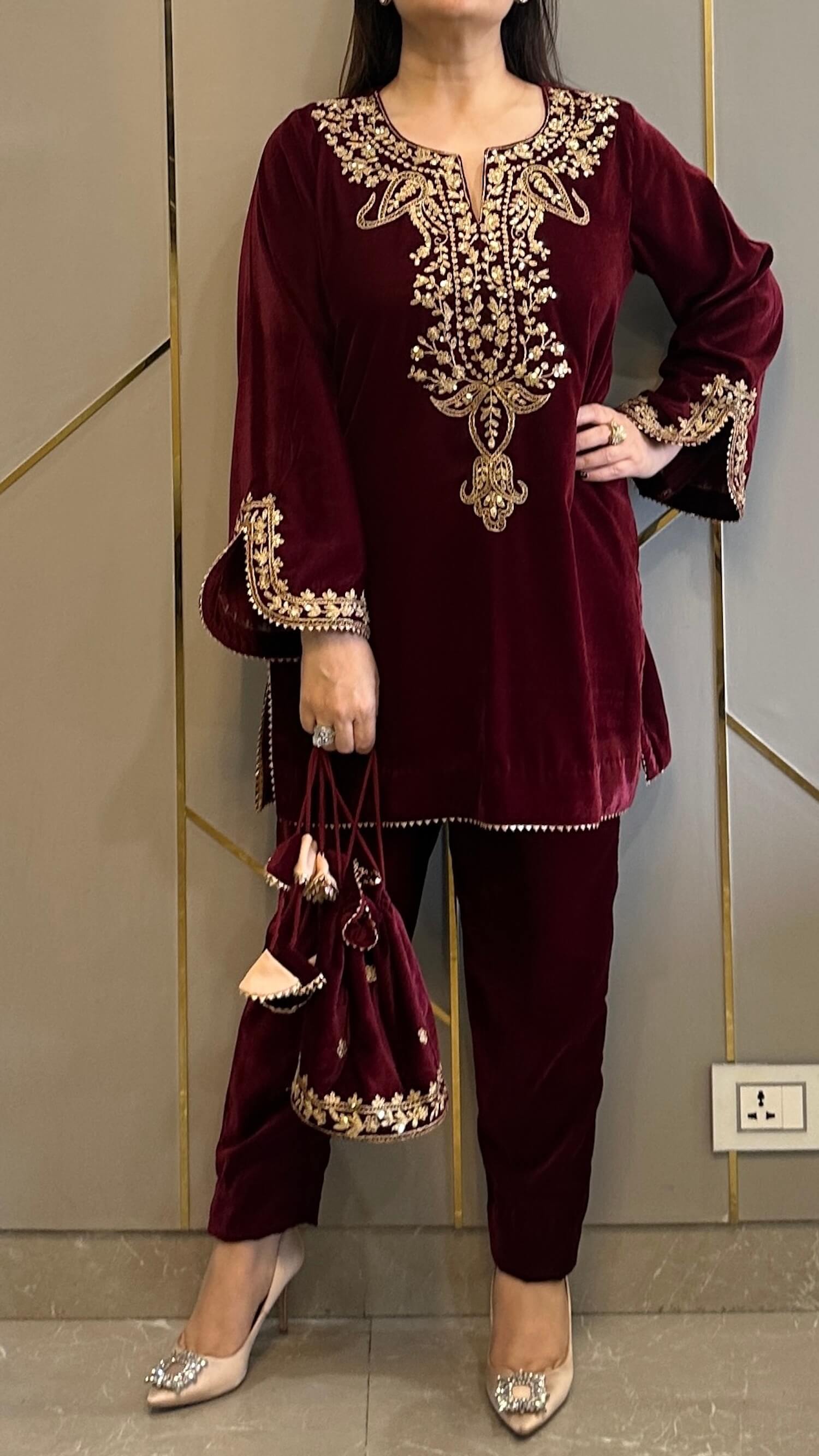 Maroon Velvet Short Embroidered Co-ord Set - Main Image