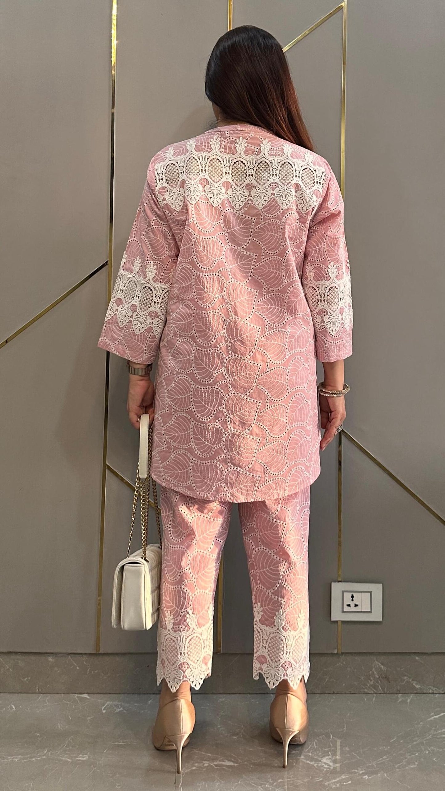 Pastel Pink French Lace Chikankari Co-ord Set