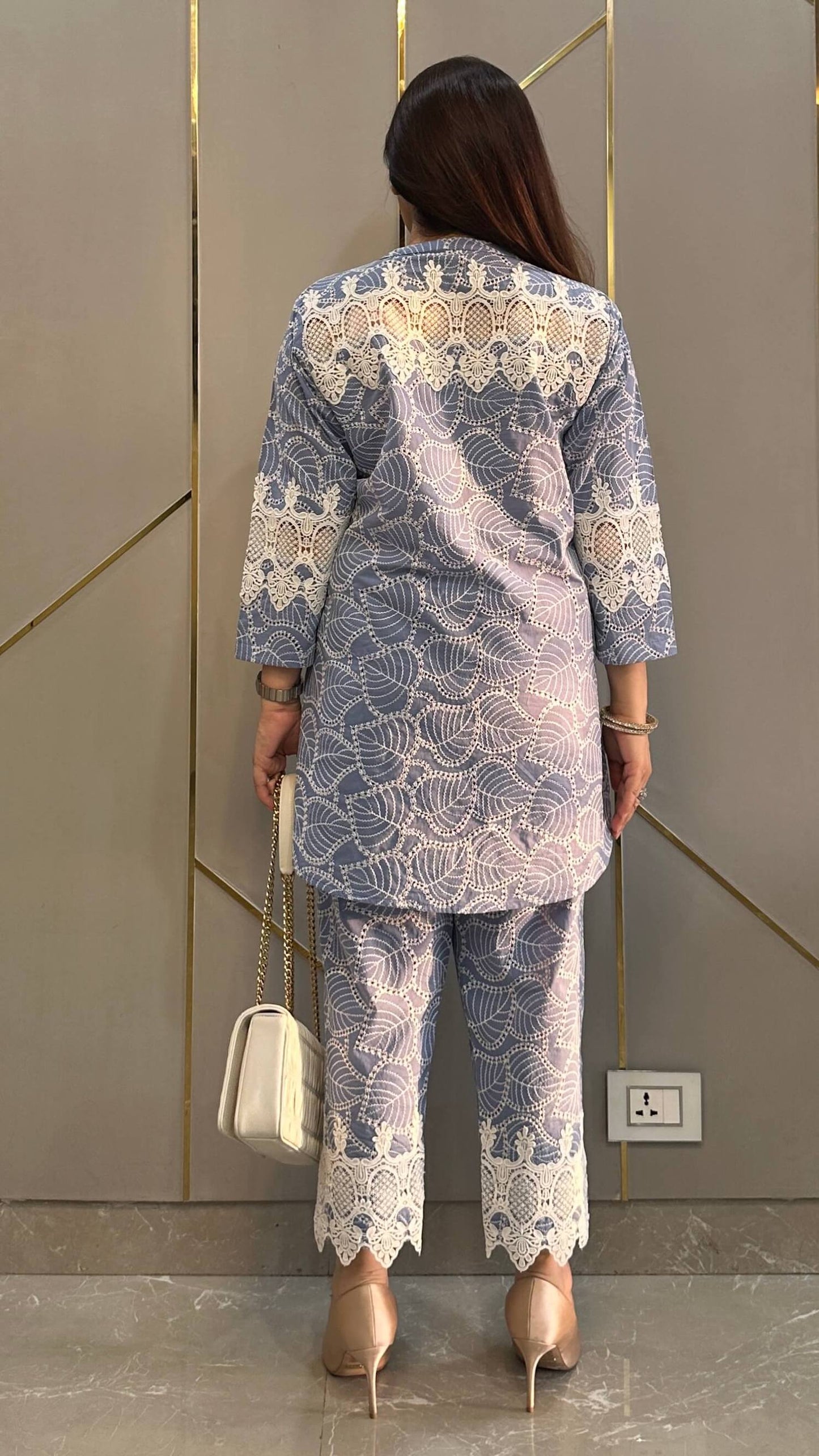 Powder Blue French Lace Chikankari Co-ord Set