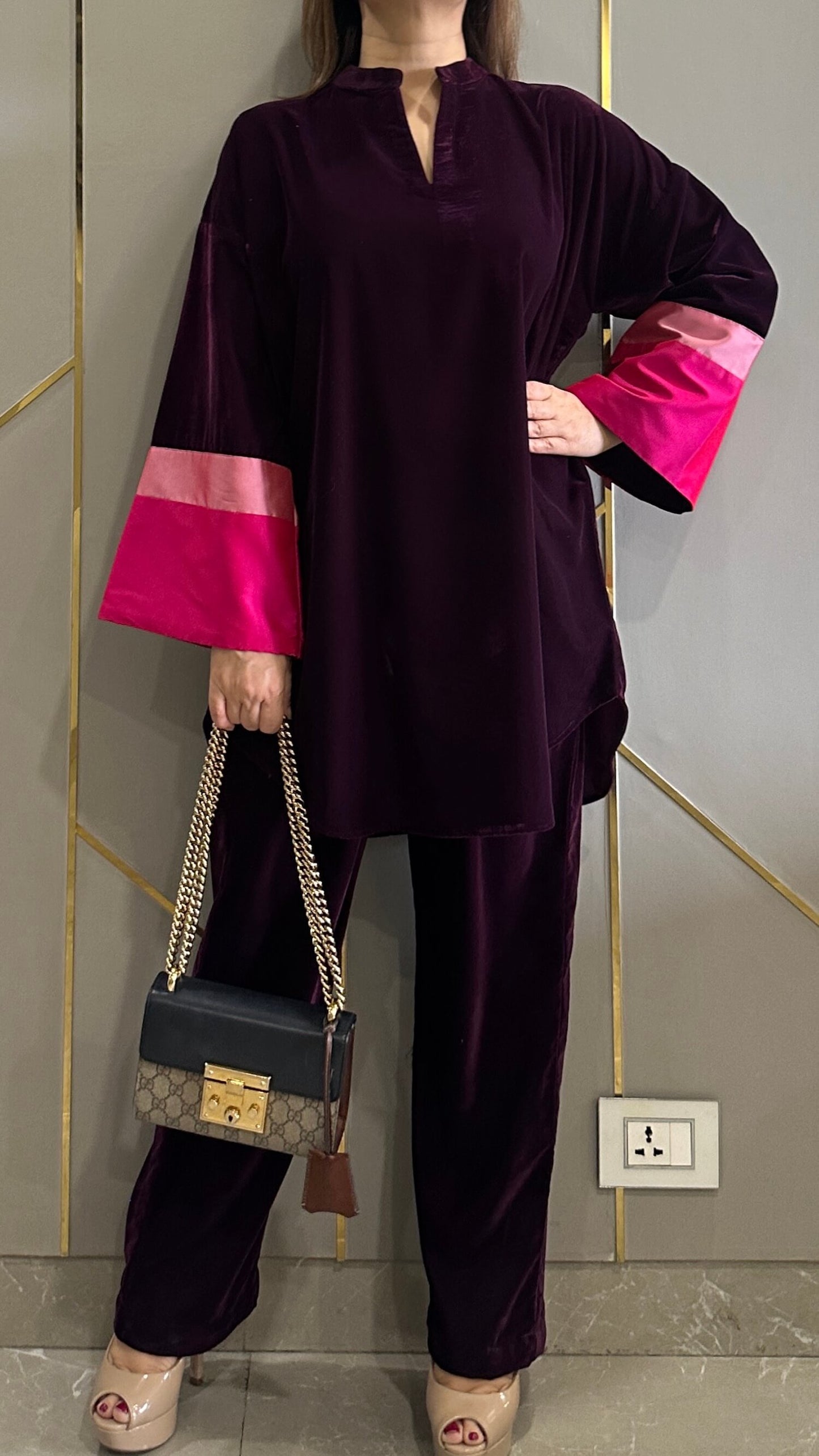 Purple Velvet Colour Block Co-ord Set
