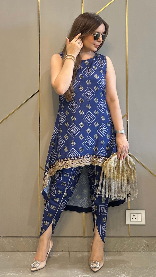 Navy Bandhej High Low Embroidered Co-ord