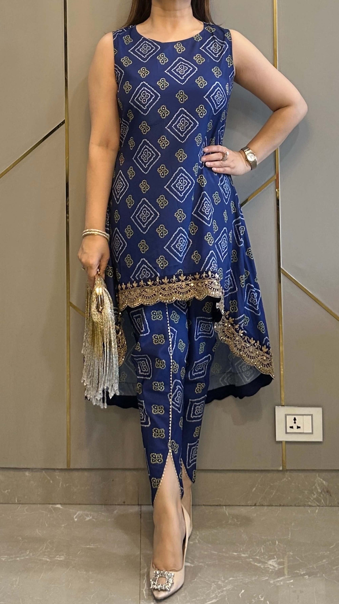 Navy Bandhej High Low Embroidered Co-ord