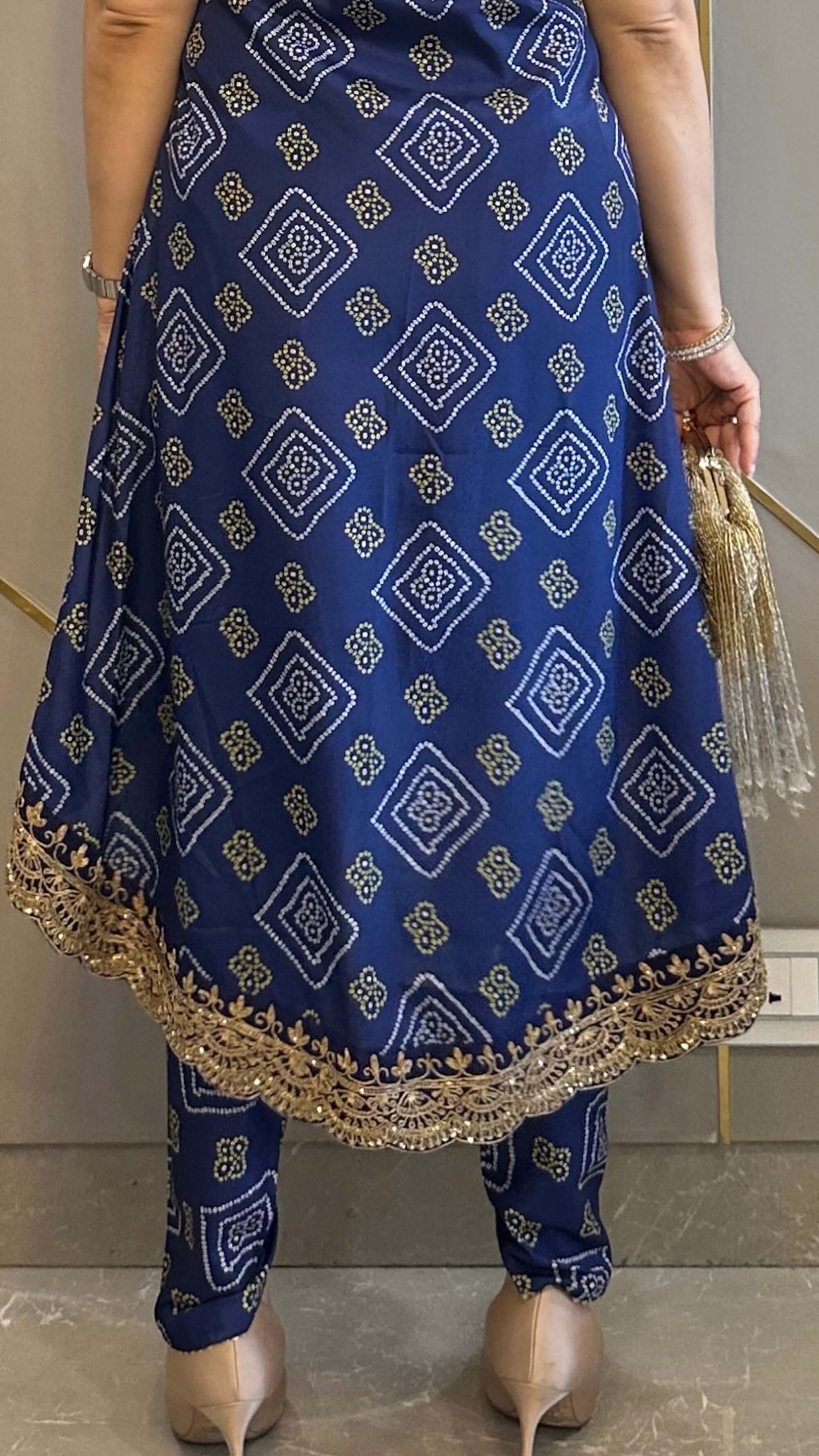 Navy Bandhej High Low Embroidered Co-ord
