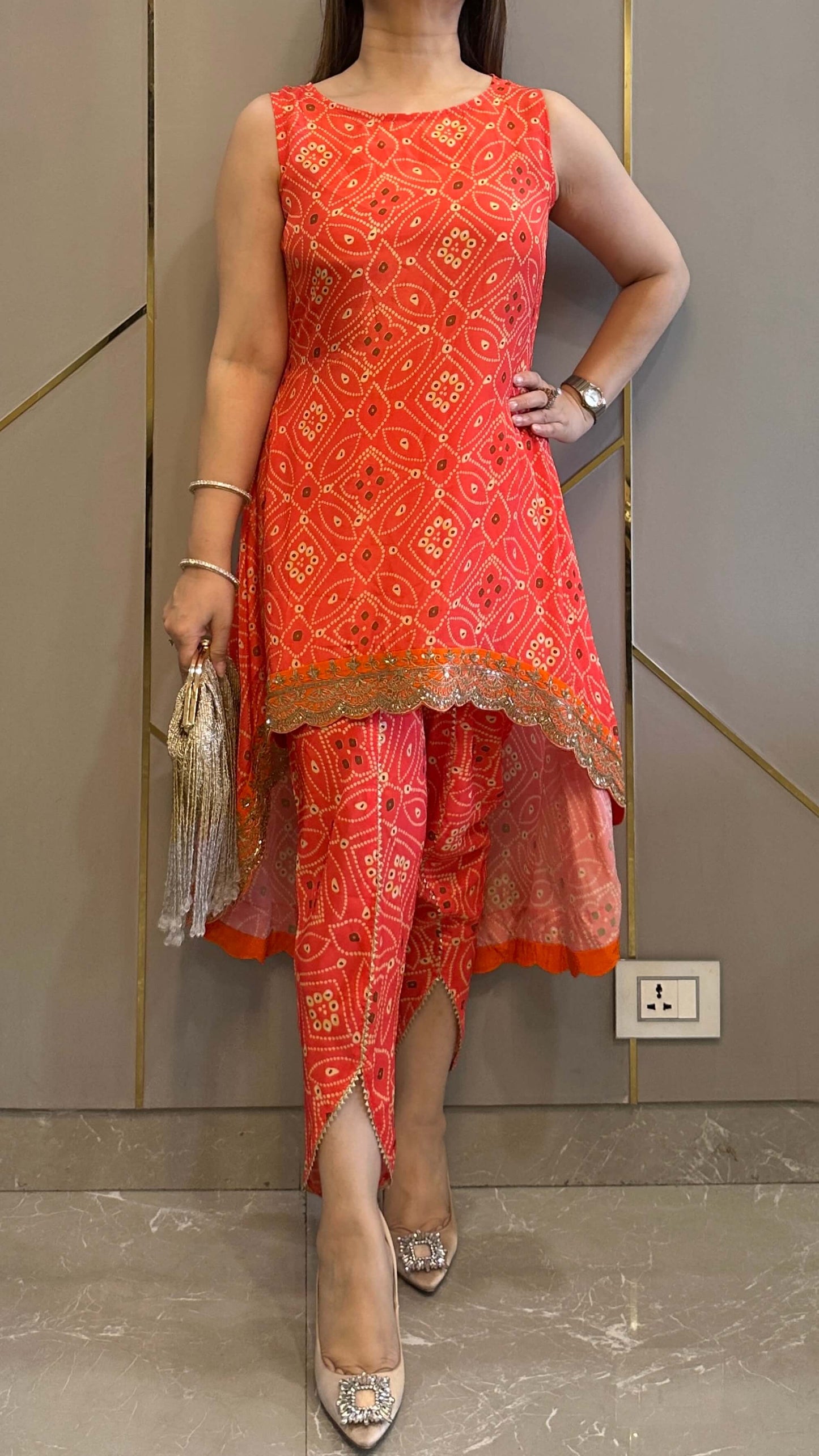 Orange Bandhej High Low Embroidered Co-ord