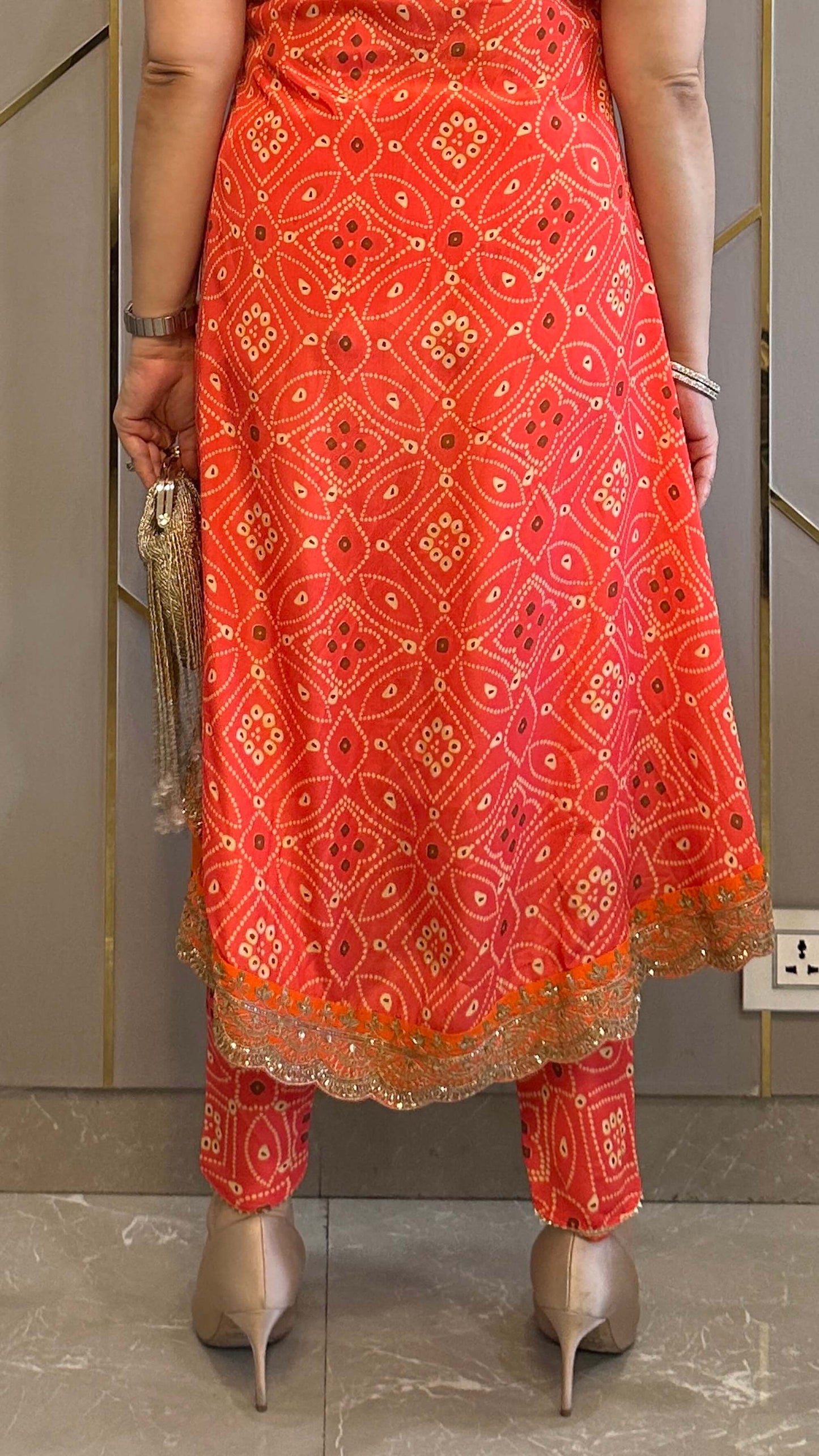 Orange Bandhej High Low Embroidered Co-ord