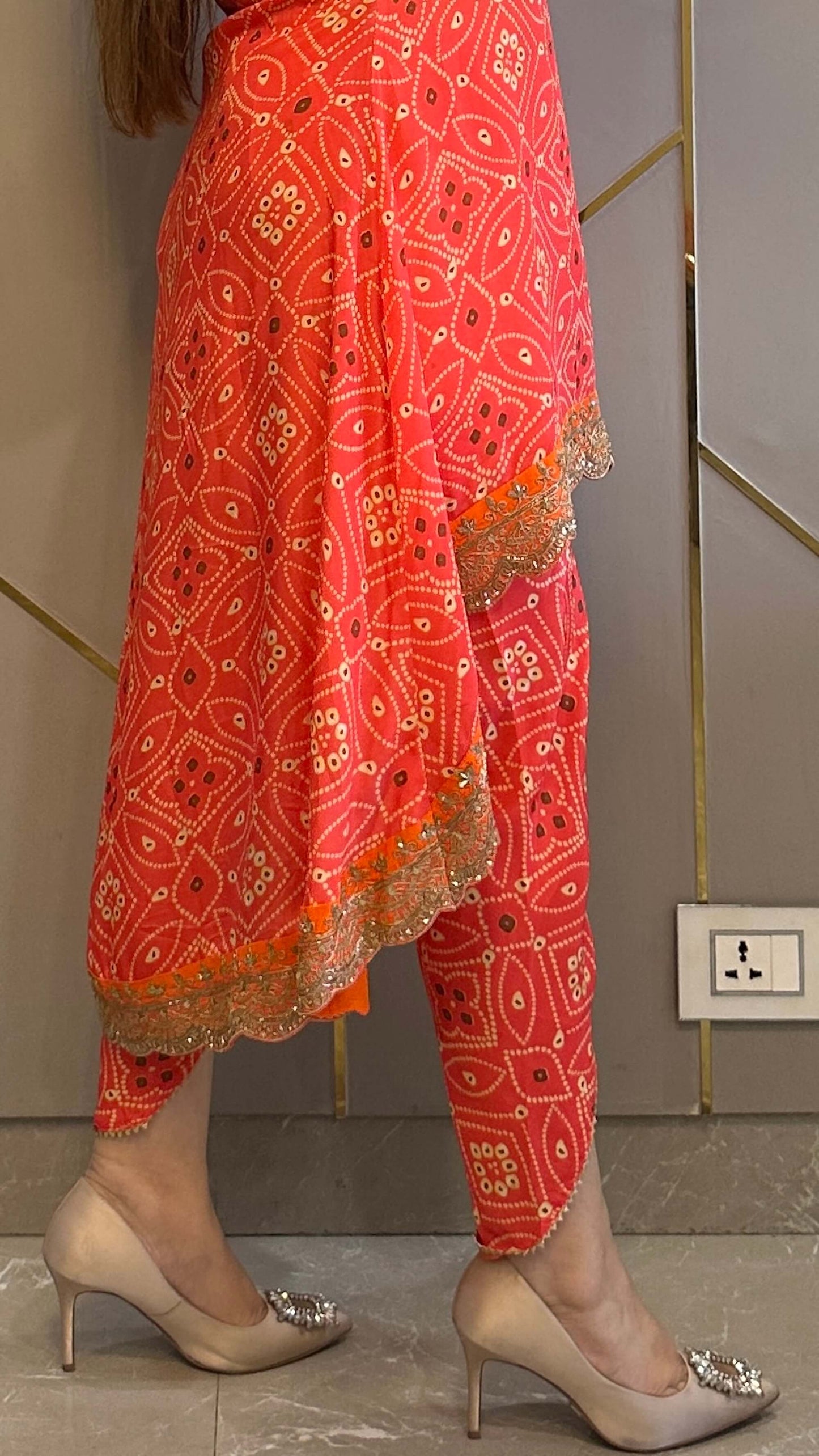 Orange Bandhej High Low Embroidered Co-ord