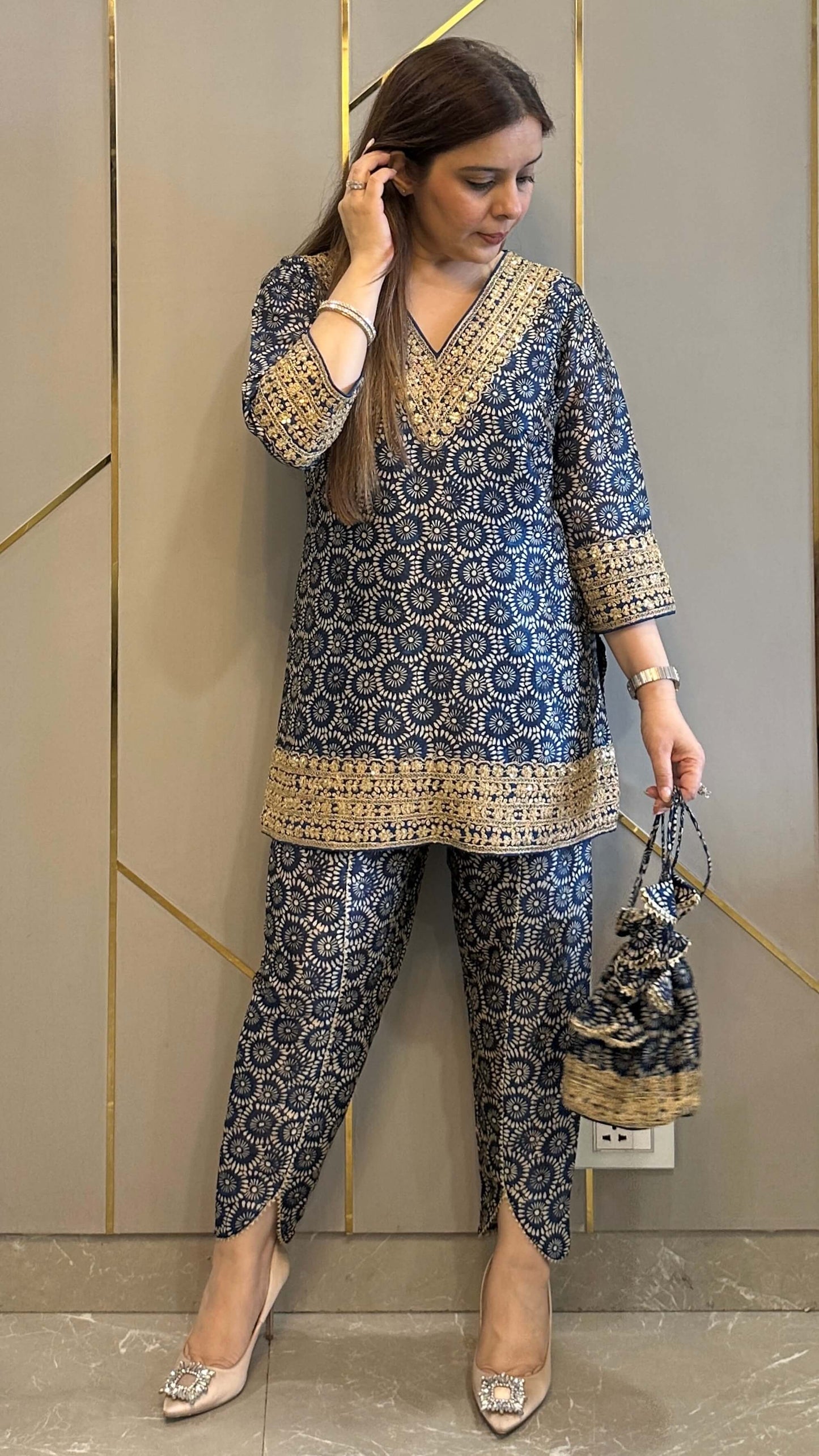 Blue Ajrakh Silk Embrdoiered Co-ord