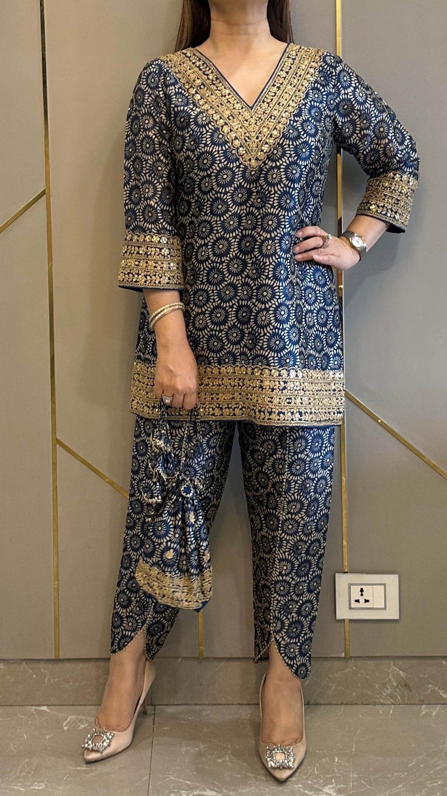 Blue Ajrakh Silk Embrdoiered Co-ord