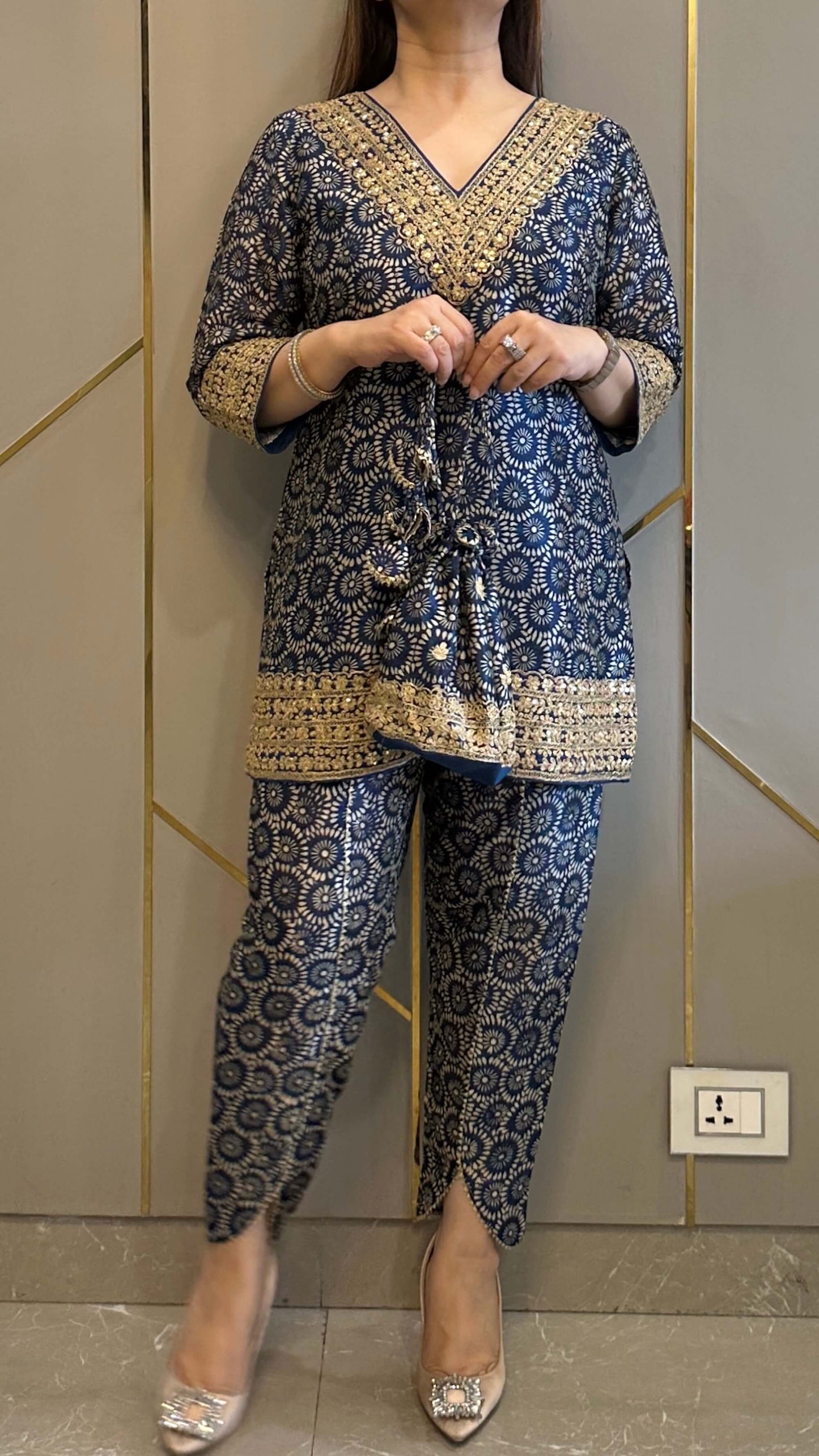 Blue Ajrakh Silk Embrdoiered Co-ord