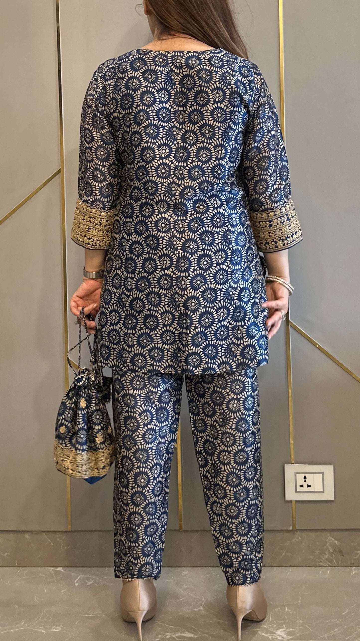 Blue Ajrakh Silk Embrdoiered Co-ord