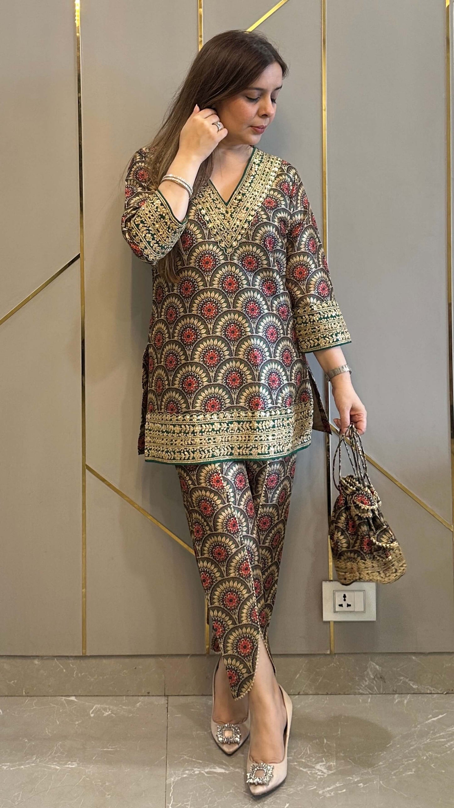 Olive Bloom Silk Embrdoiered Co-ord