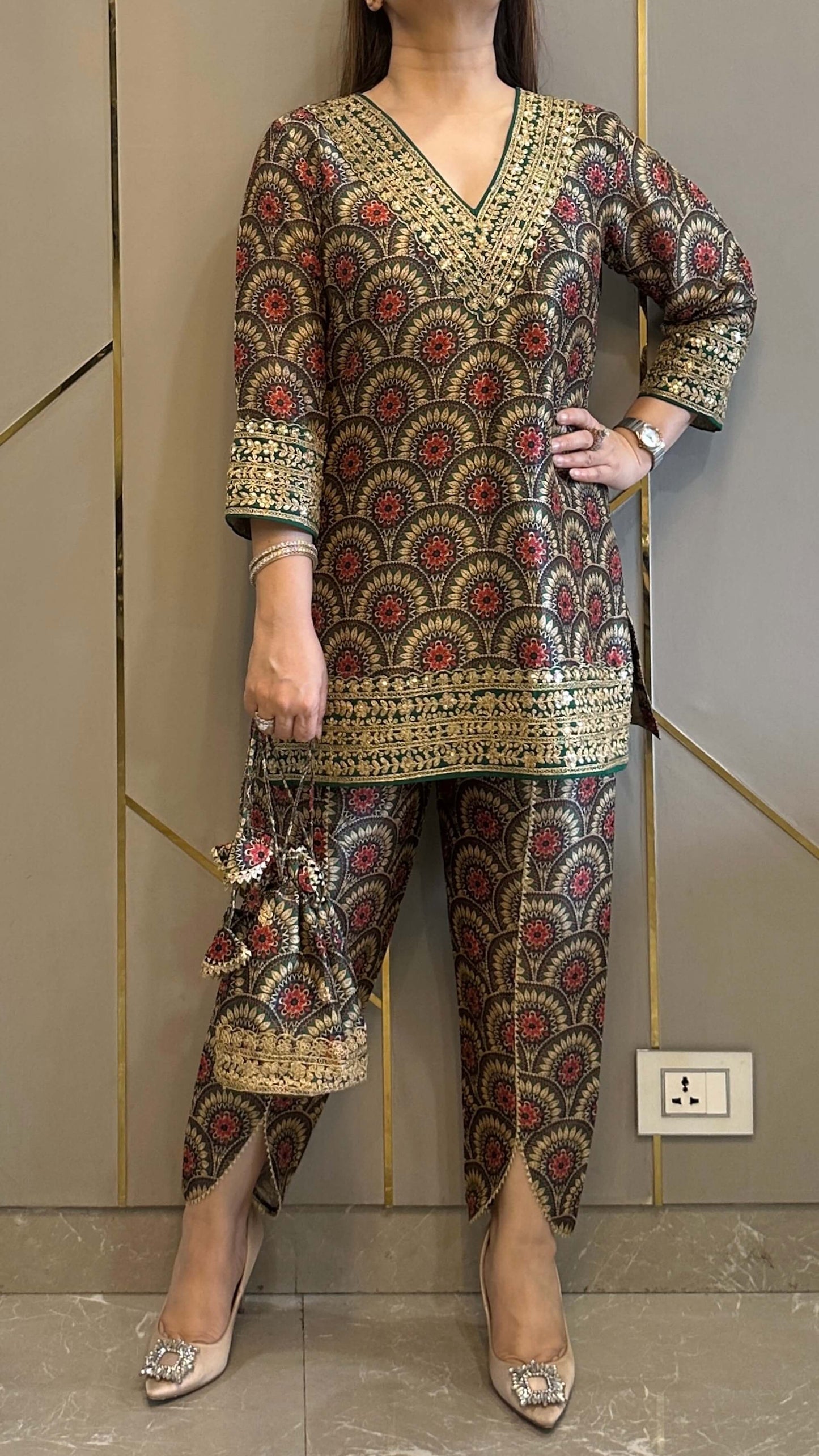 Olive Bloom Silk Embrdoiered Co-ord