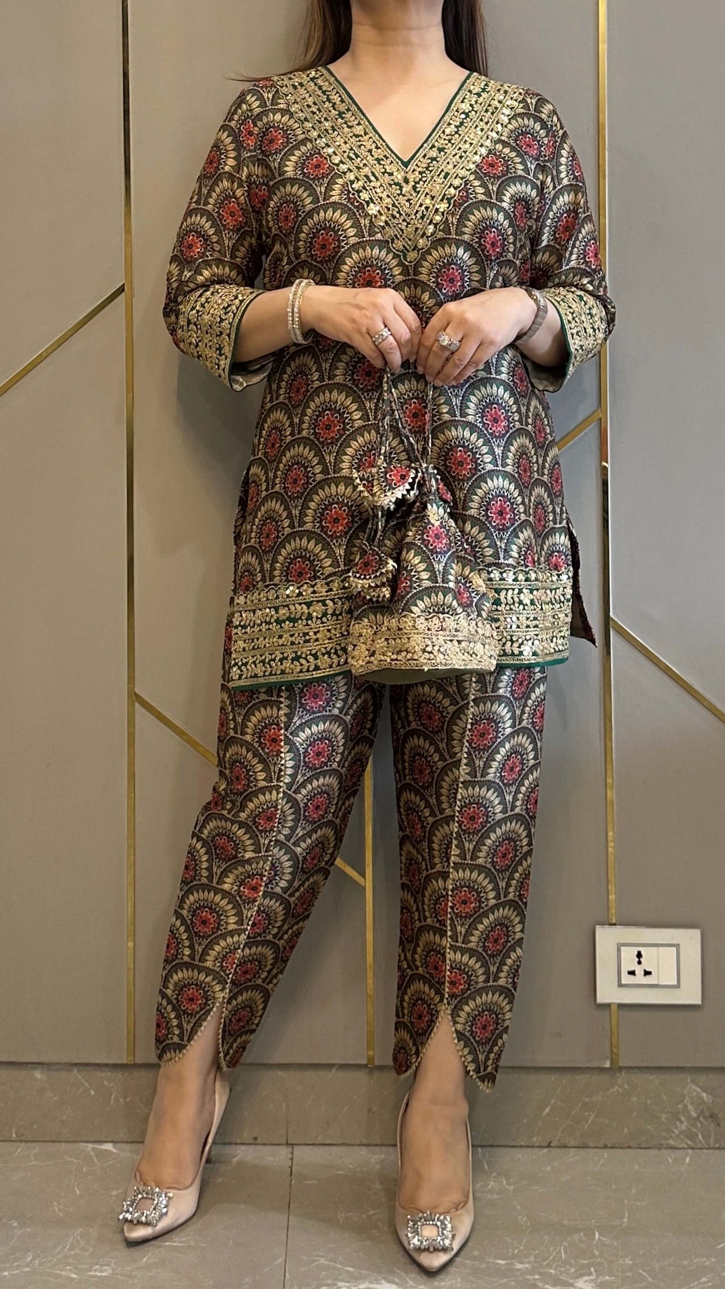 Olive Bloom Silk Embrdoiered Co-ord