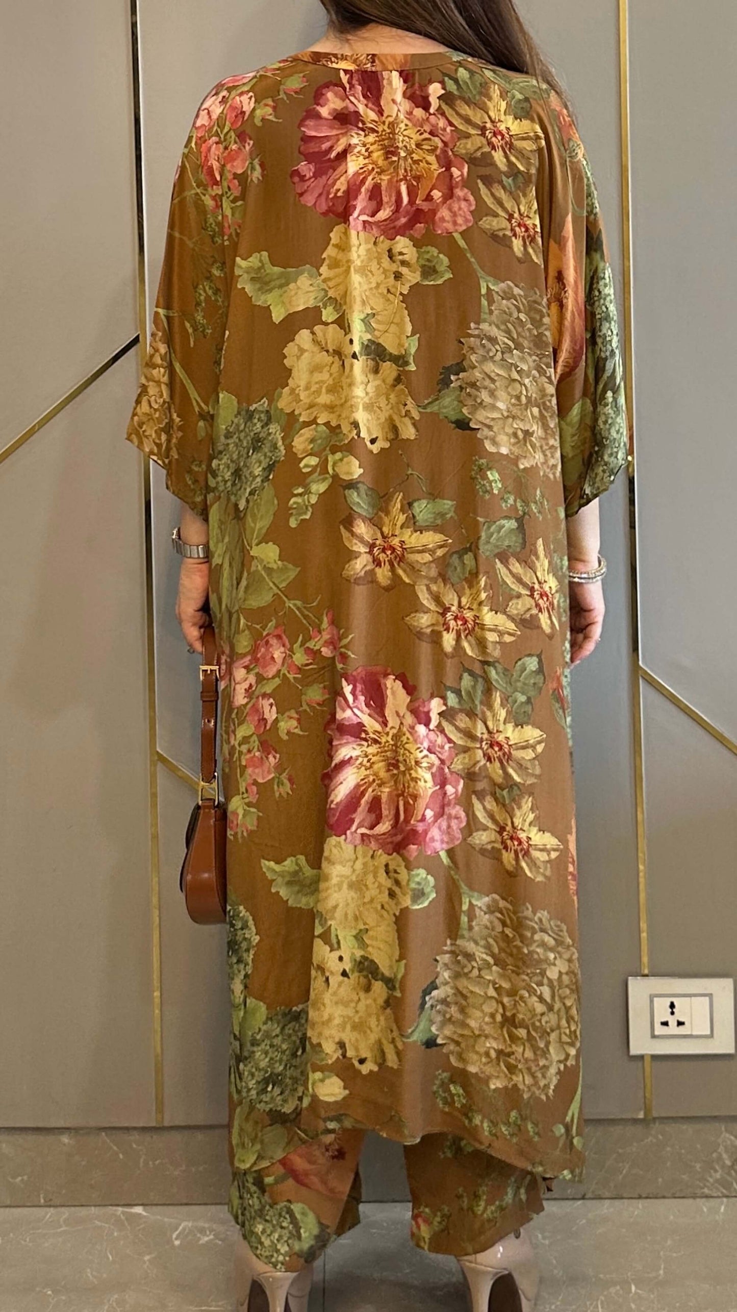 Tan Floral High Low Crepe Co-ord