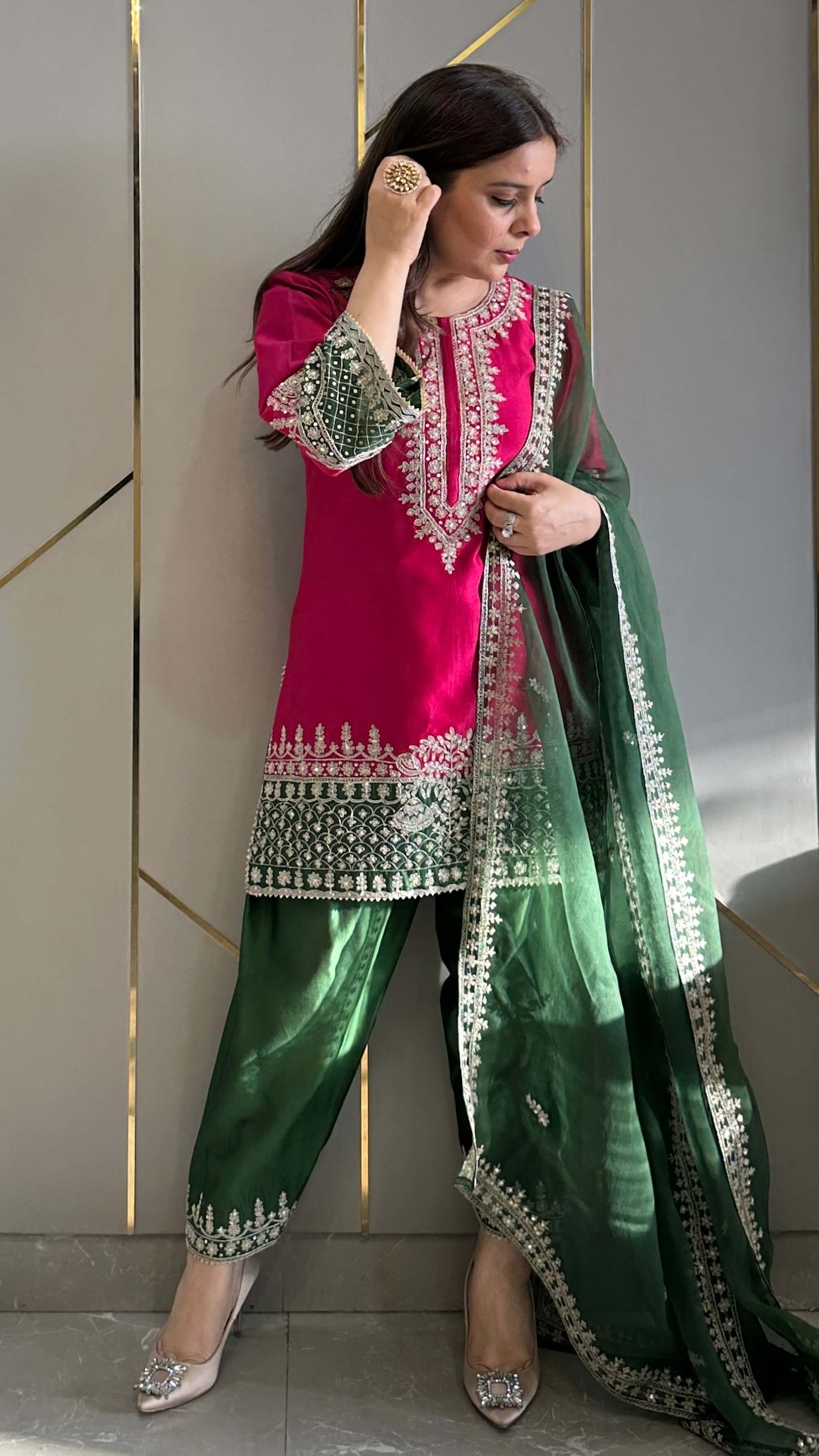 Magenta Chanderi Straight Phiran Kurta with Farshi Salwar