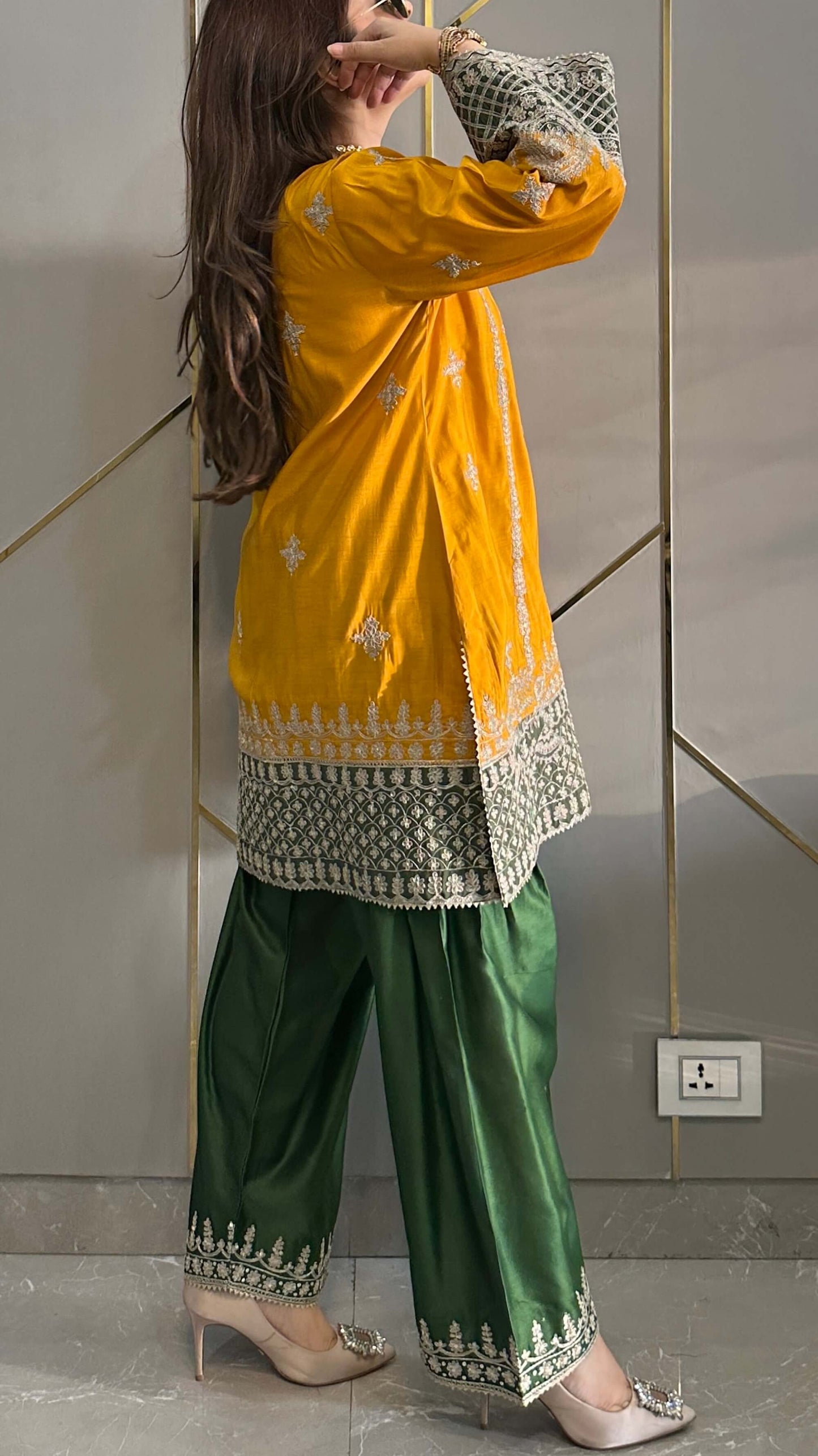 Mustard Chanderi Short Phiran Kurta with Farshi Salwar