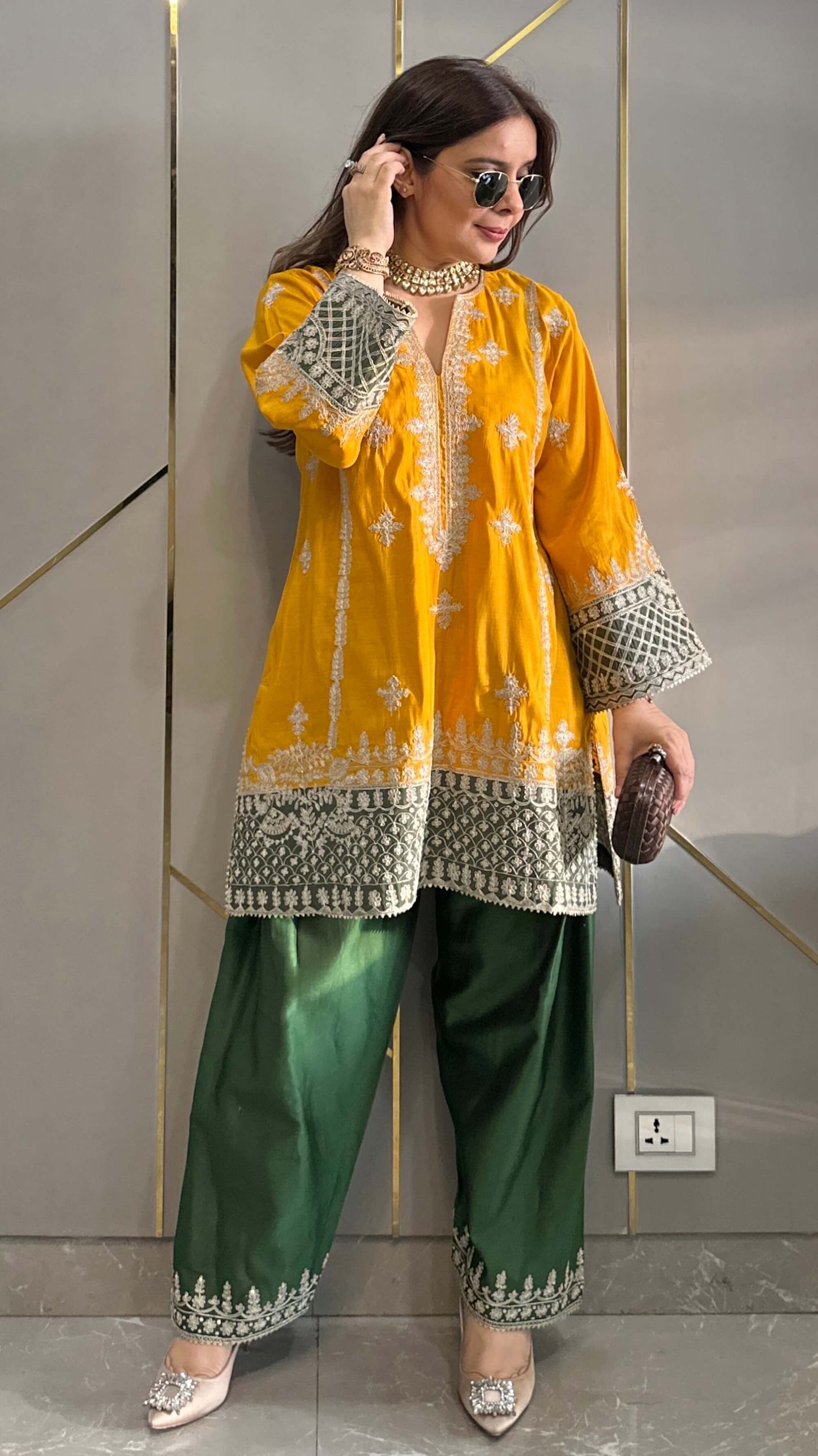 Mustard Chanderi Short Phiran Kurta with Farshi Salwar