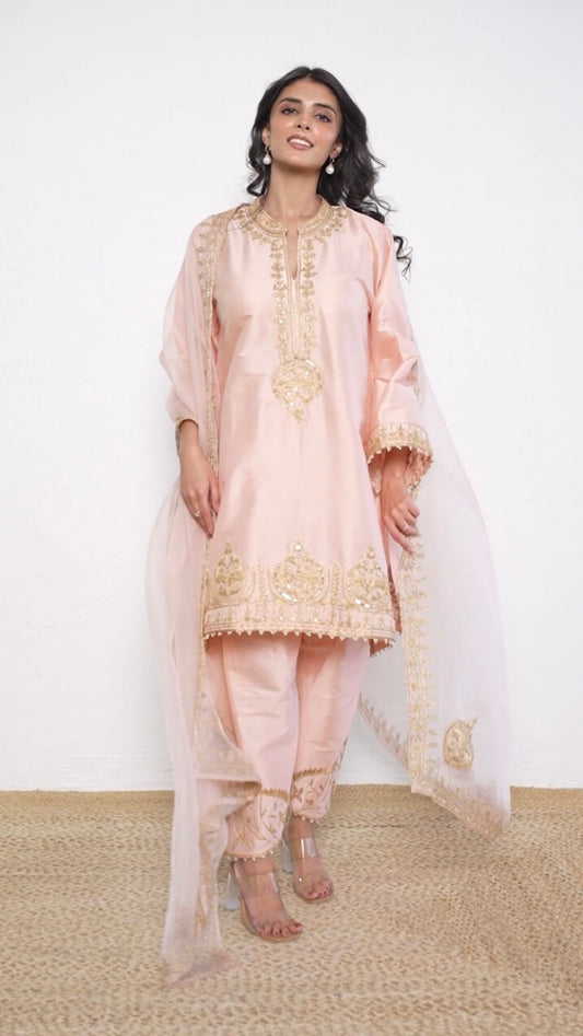 Light Peach Hand and Dori Embroidered Short Phiran Suit