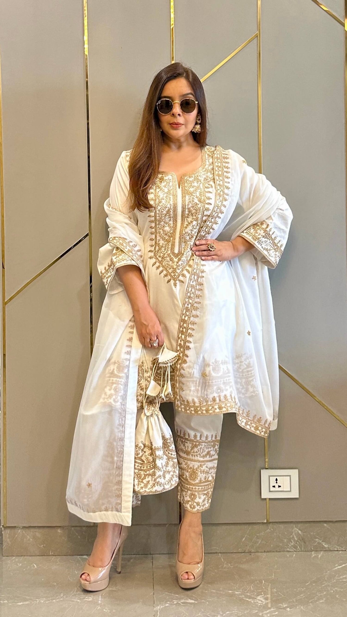 White Embroidered Anarkali with Pants and Matching Potli