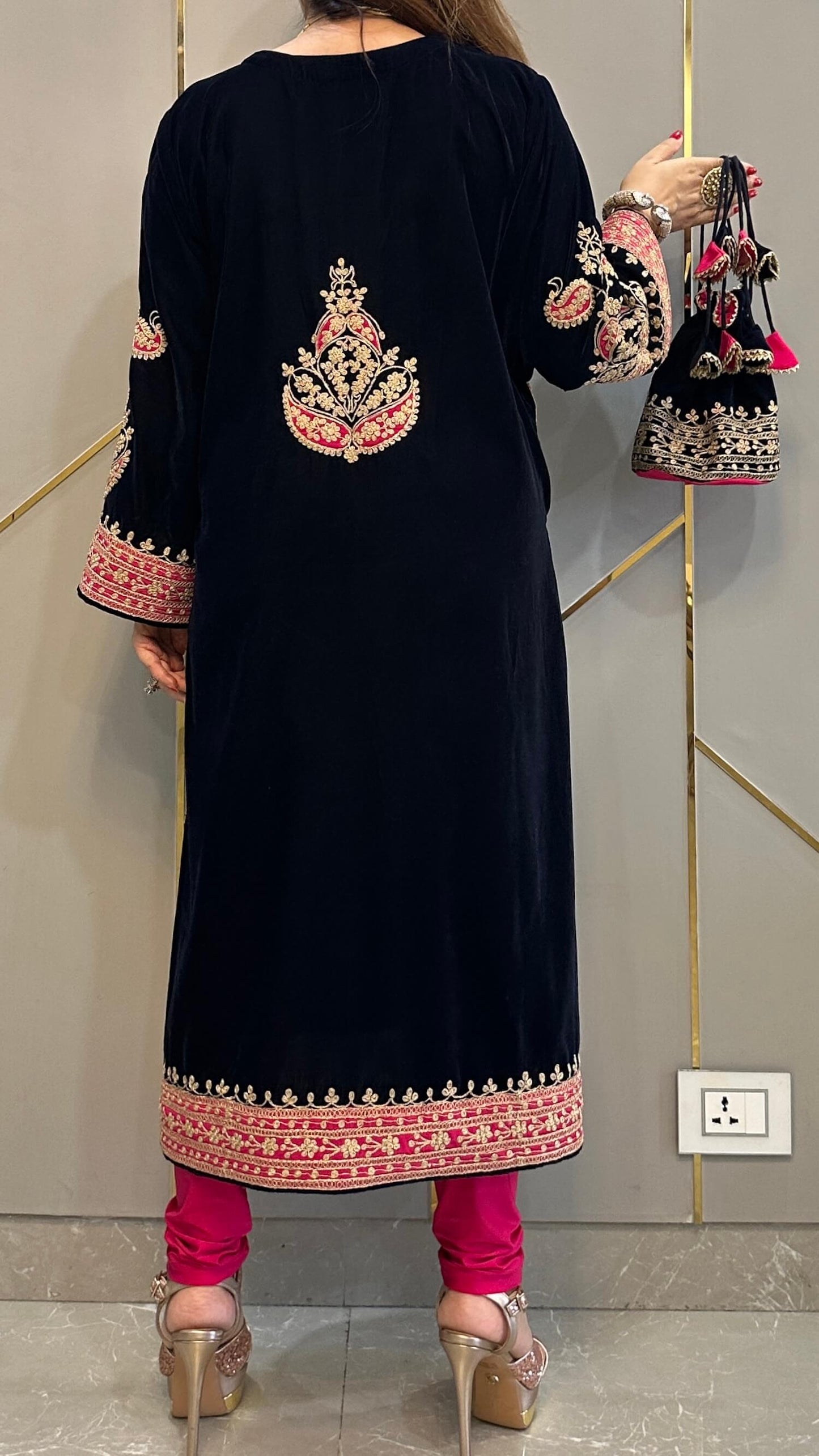 Navy Blue Velvet Applique Kashmiri-Phiran Kurta with Churidar and Matching Potli