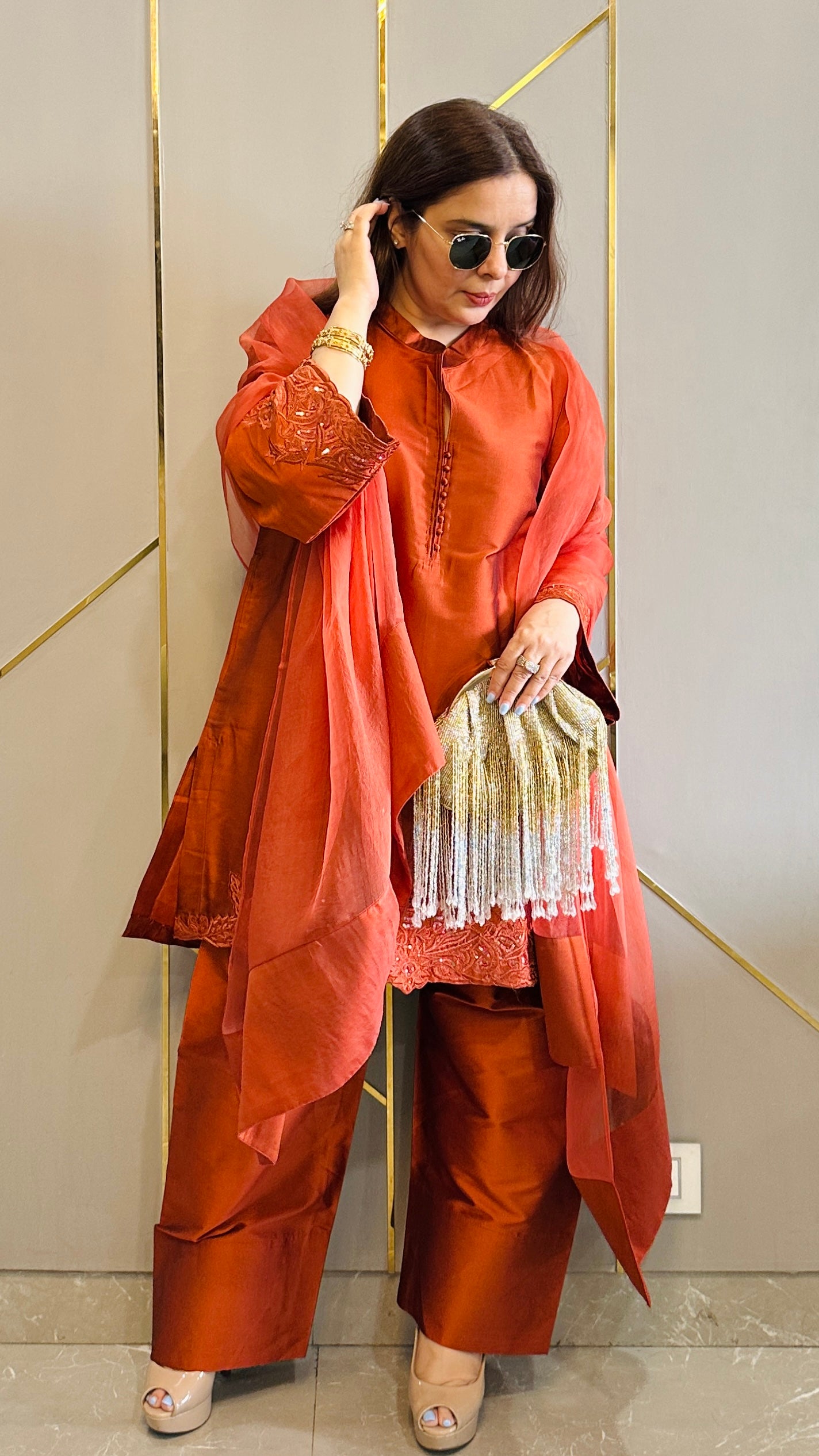 Burnt Orange Hand Embroidered Rani Co-ord with Farshi Salwar
