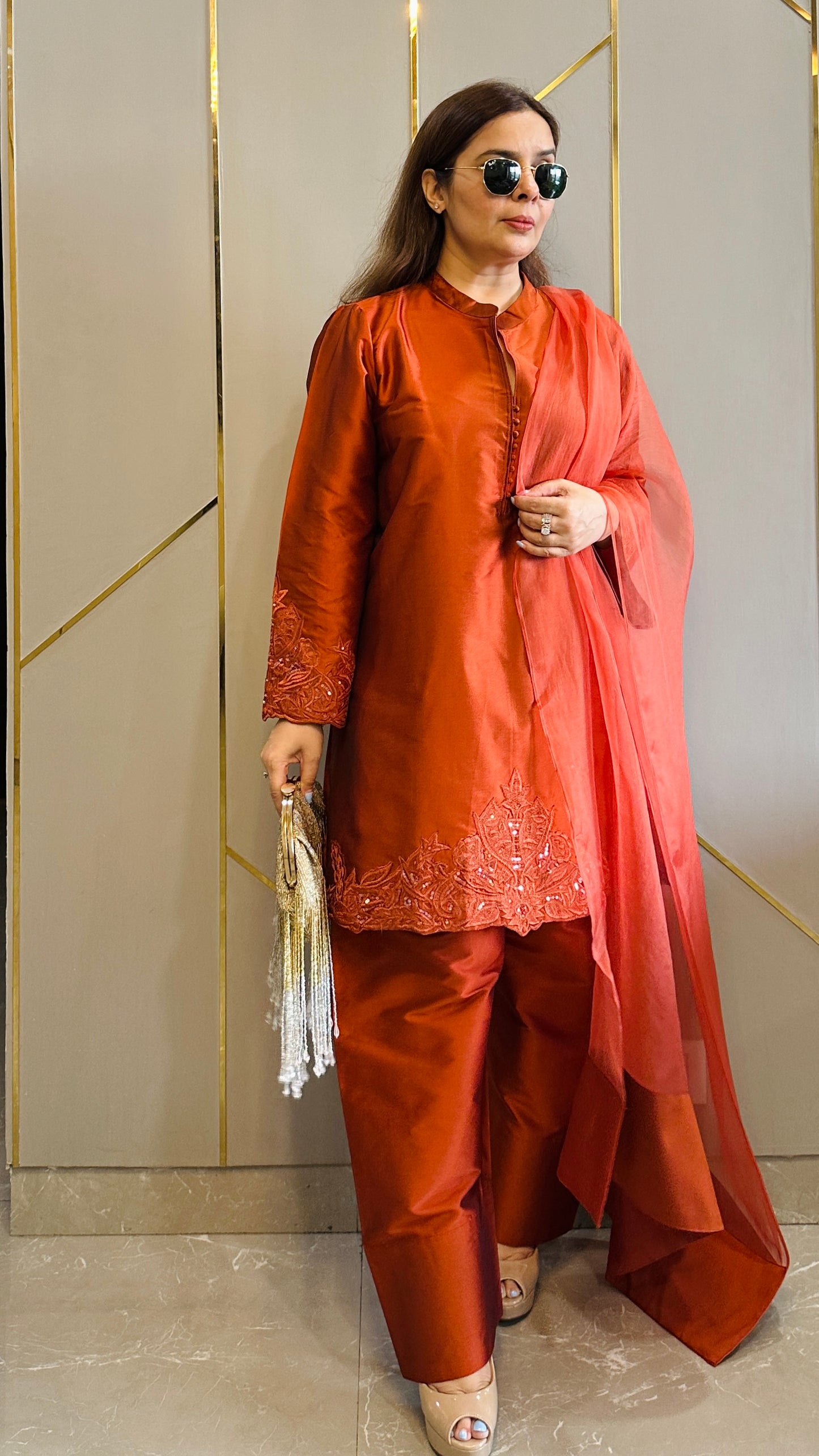 Burnt Orange Hand Embroidered Rani Co-ord with Farshi Salwar