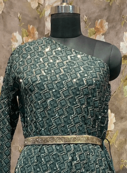 Chikankari One Shoulder Off Tunic Dress, Bottle Green - kylee