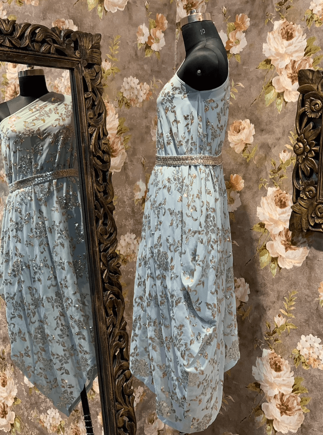 Chikankari One Shoulder Off Tunic Dress, Powder Blue - kylee