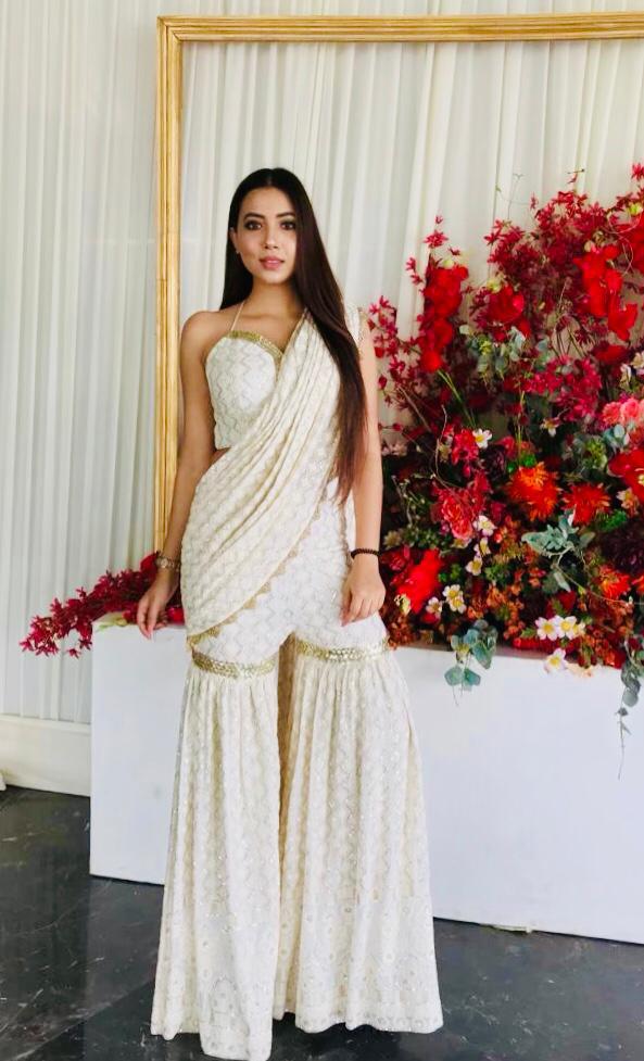 Ivory Embroidered Garara Saree - kylee
