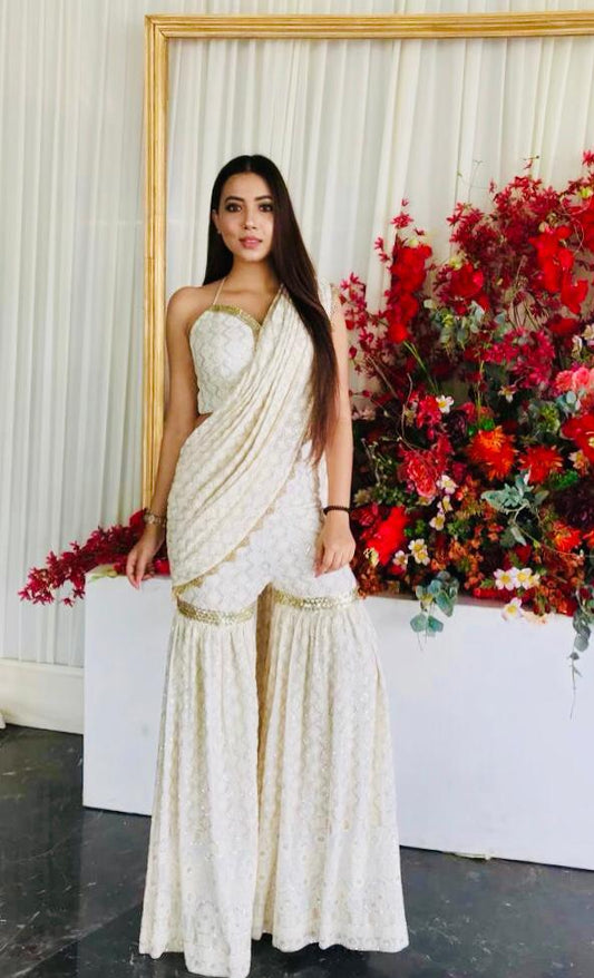 Ivory Embroidered Garara Saree - kylee