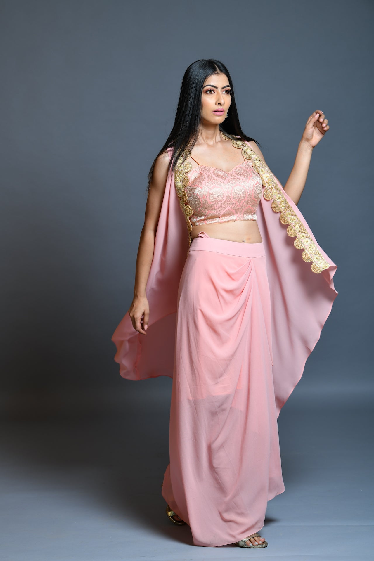 Salmon Pink Drape Skirt And Cape Set - kylee