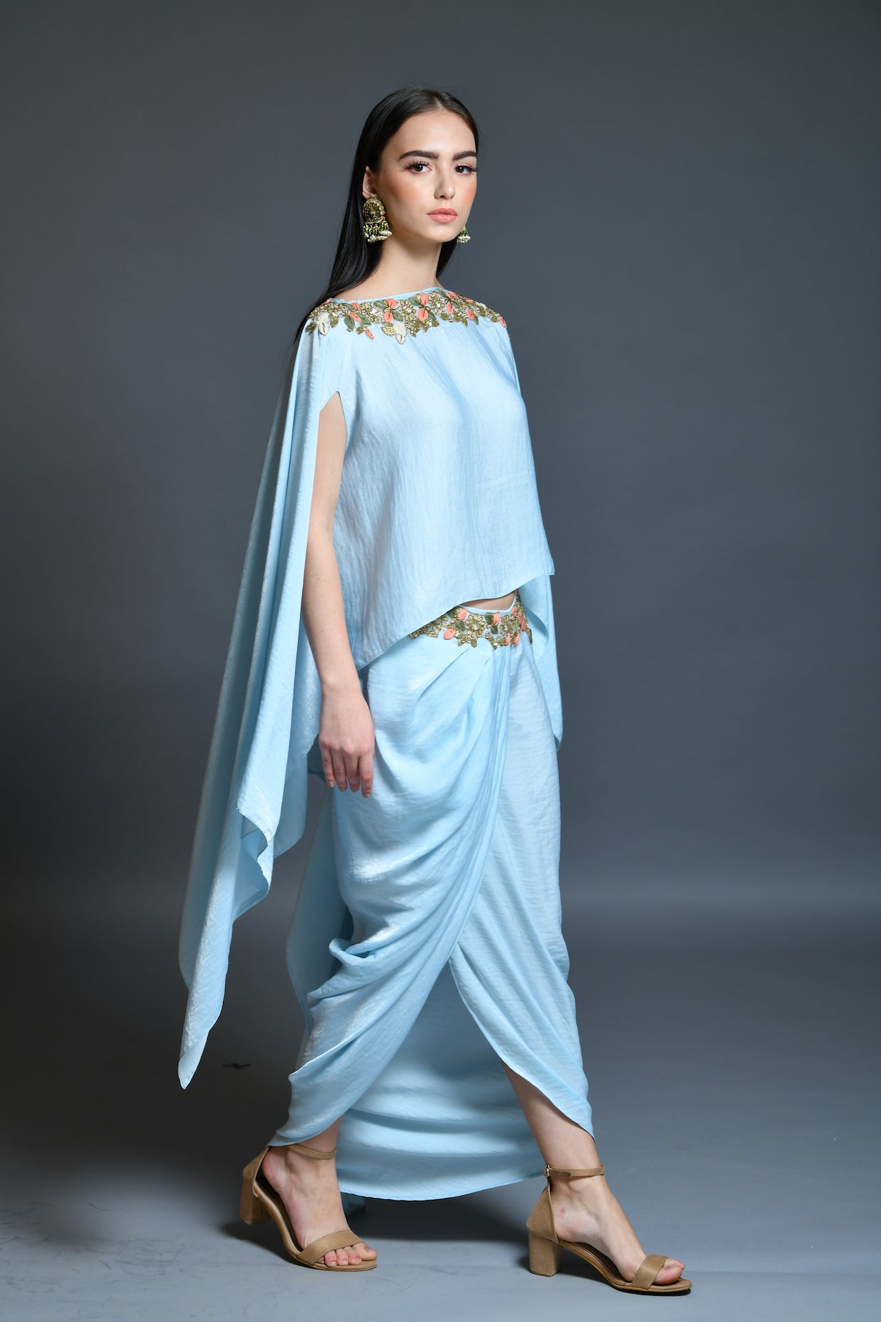 Powder Blue Dhoti Drape Skirt And Cape Set - kylee