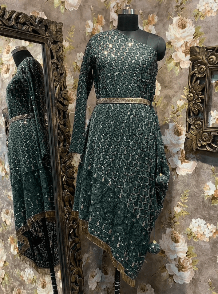 Chikankari One Shoulder Off Tunic Dress, Bottle Green - kylee