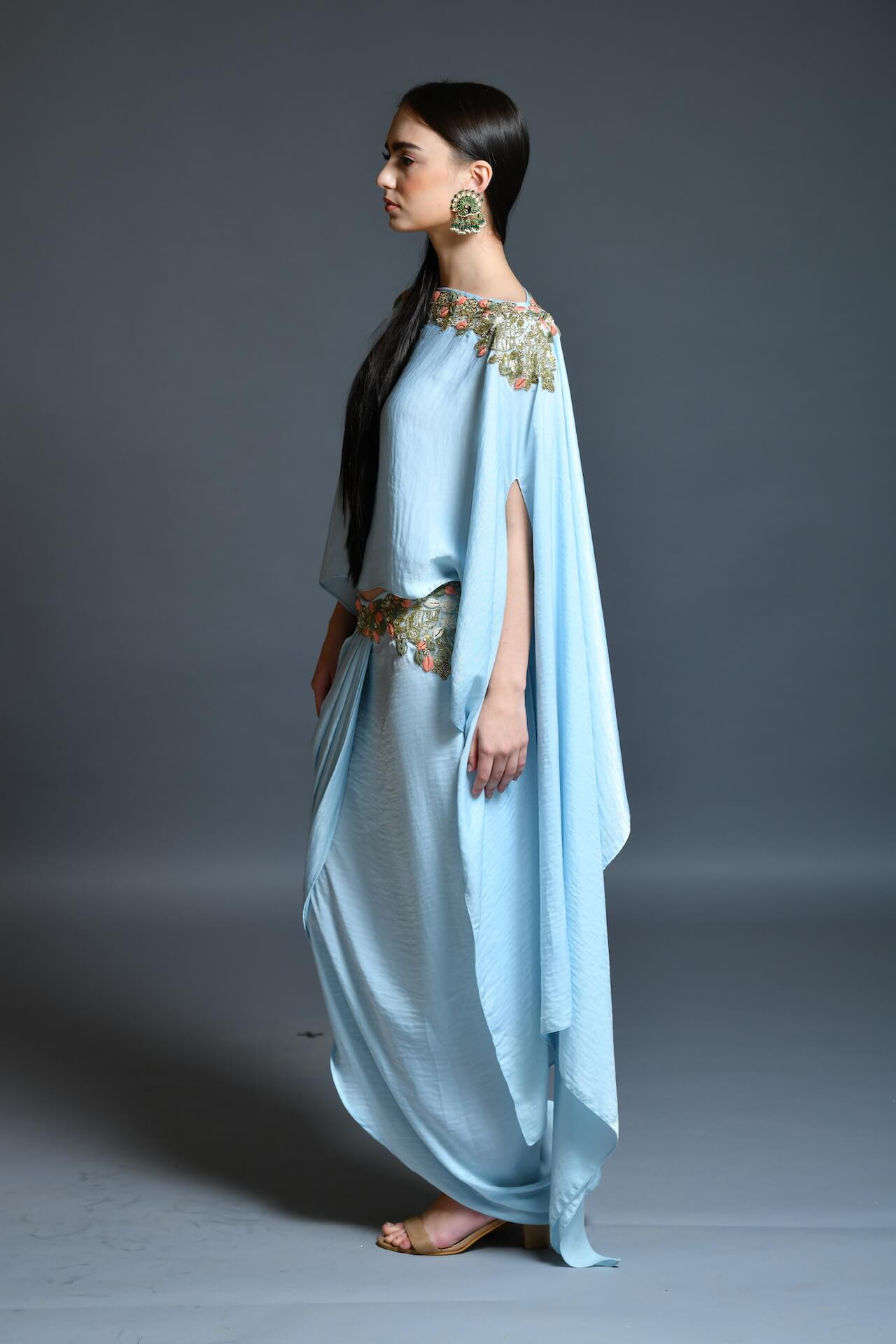 Powder Blue Dhoti Drape Skirt And Cape Set - kylee